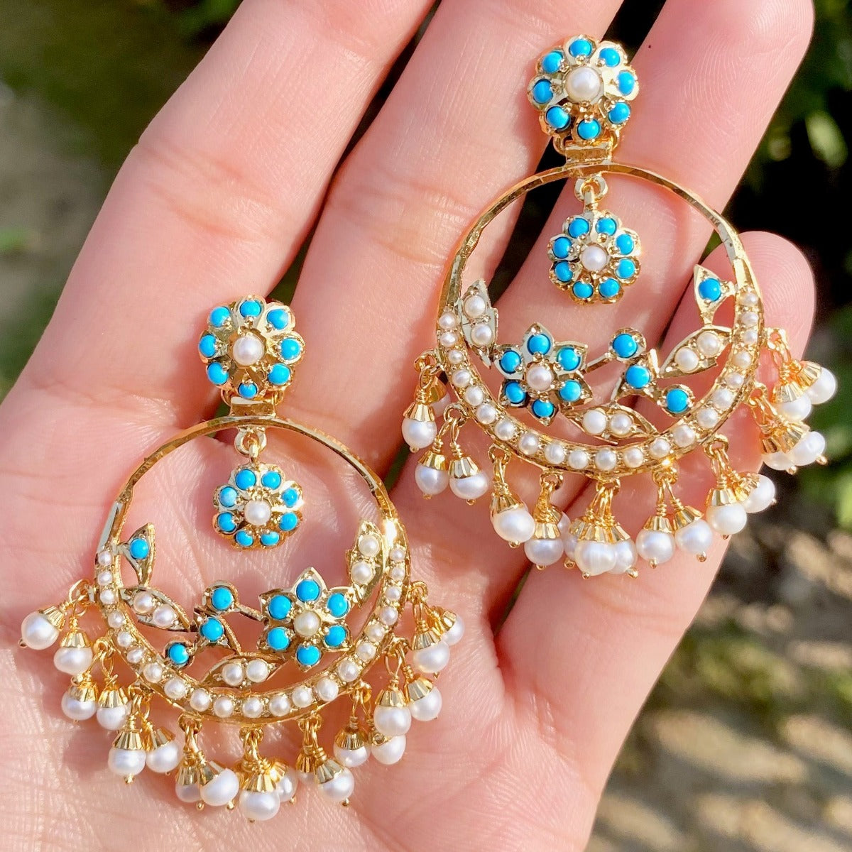ethnic Hyderabadi Pearl & Ferozi Chandbali Earrings