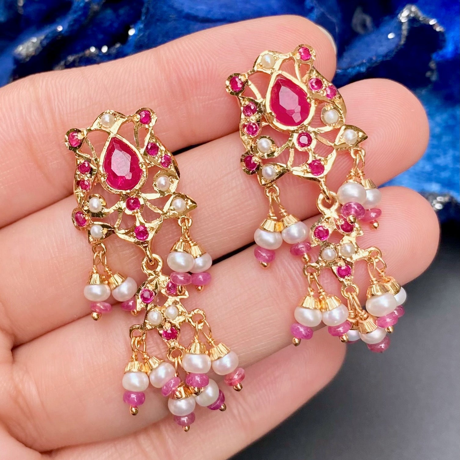 Ruby and Pearl Stud Earrings | Jadau Tops on Silver Base for Women ER 590