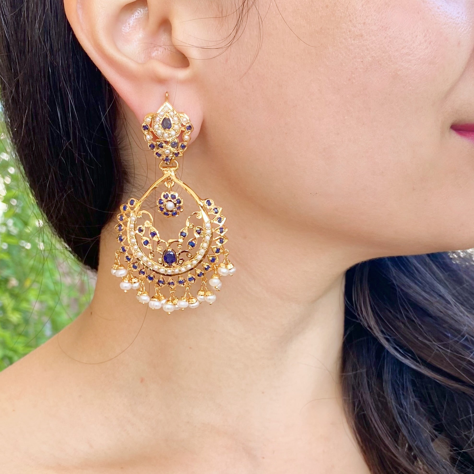 Gold Plated Chandbali | Blue Sapphire & Pearl Earrings | Jadau Jewelry ER 543