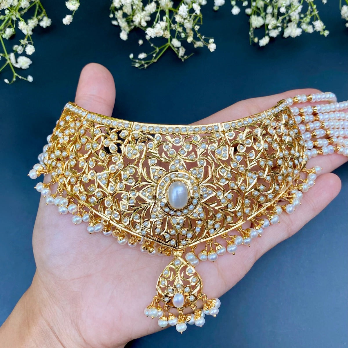 Gold Plated Silver Jewelry | Bridal Pearl Choker | 925 Silver NS 136
