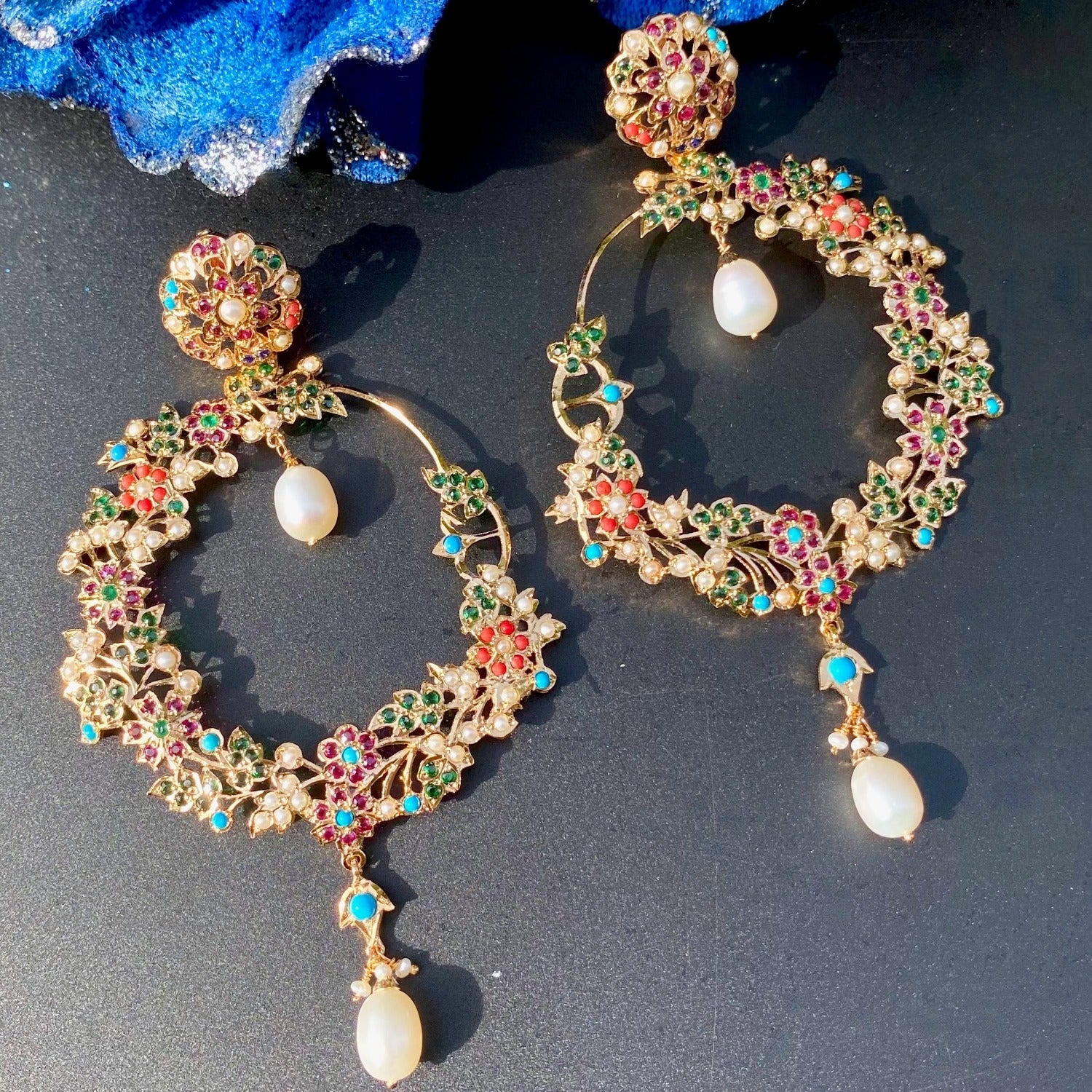 Large Navratan Chandbali Earrings | Statement Bengali Chandbali in Antique Design | ER 638