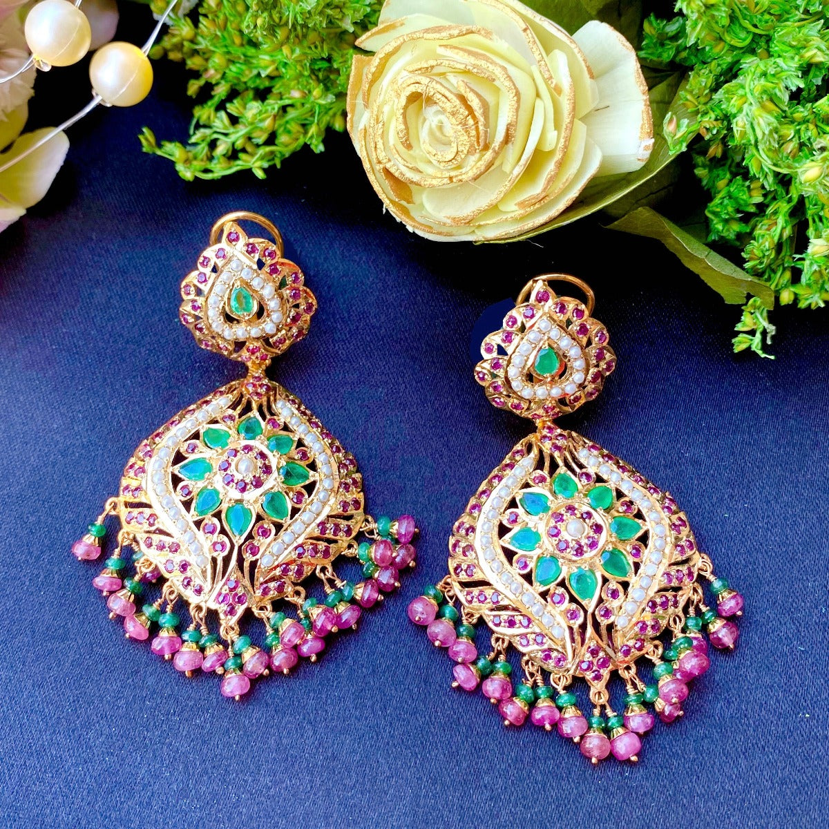 Emeralds Accentuated Jadau Earrings in Gold Plated Silver  ER 173