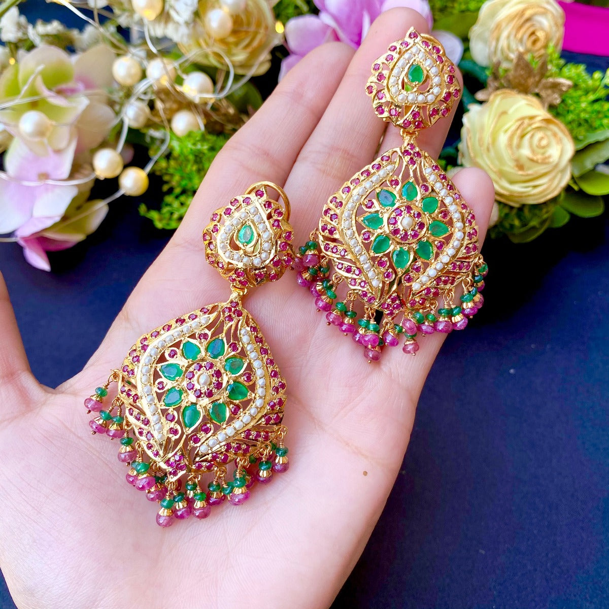 Emeralds Accentuated Jadau Earrings in Gold Plated Silver  ER 173