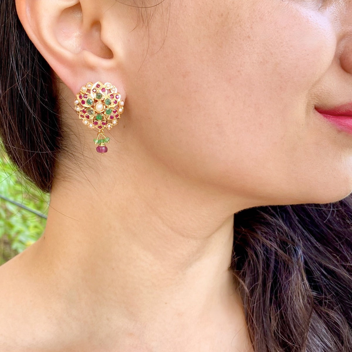 Daily wear gold earrings in 22k Gold Studded with ruby, emerald and pearl GER 092