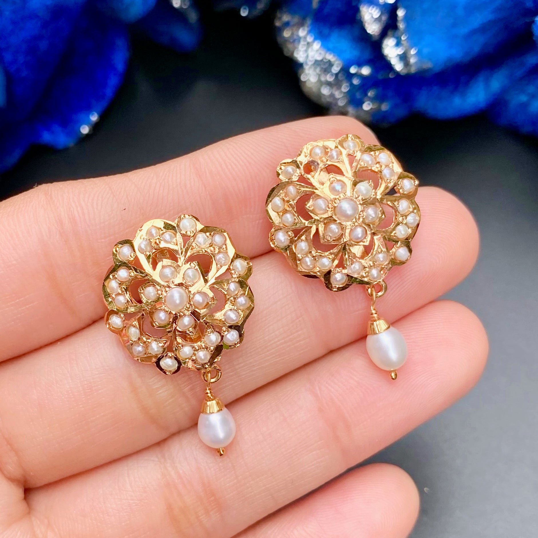 Floral Jadau Stud Earrings | Freshwater Pearls & 925 Silver ER 622
