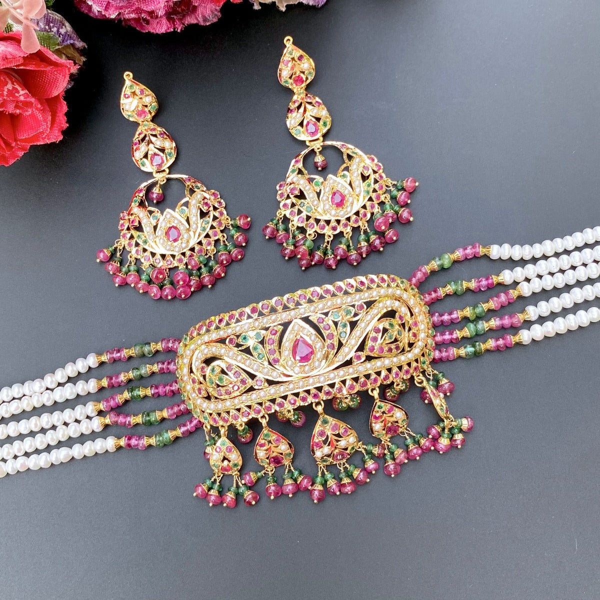 rajasthani aad necklace set in real 22k gold