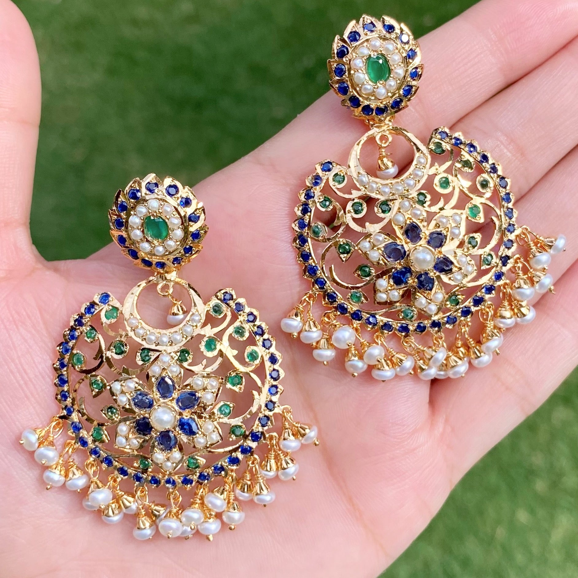 Elegant Sapphire Necklace | Medium Chandbali Earrings | Jadau Set on Silver NS 463