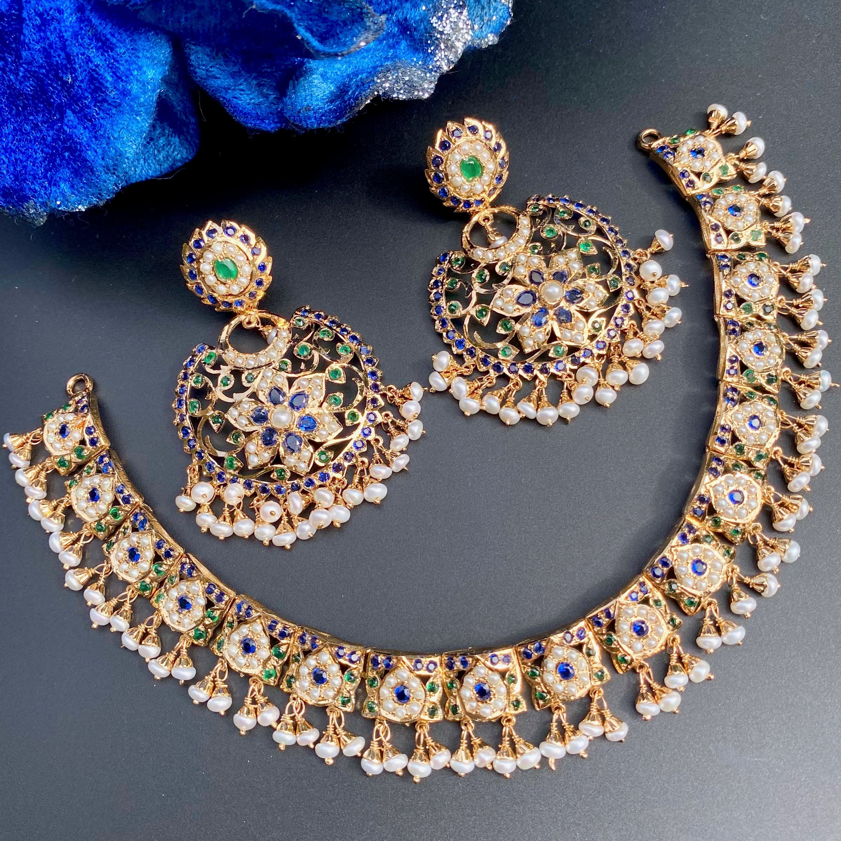 Elegant Sapphire Necklace | Medium Chandbali Earrings | Jadau Set on Silver NS 463