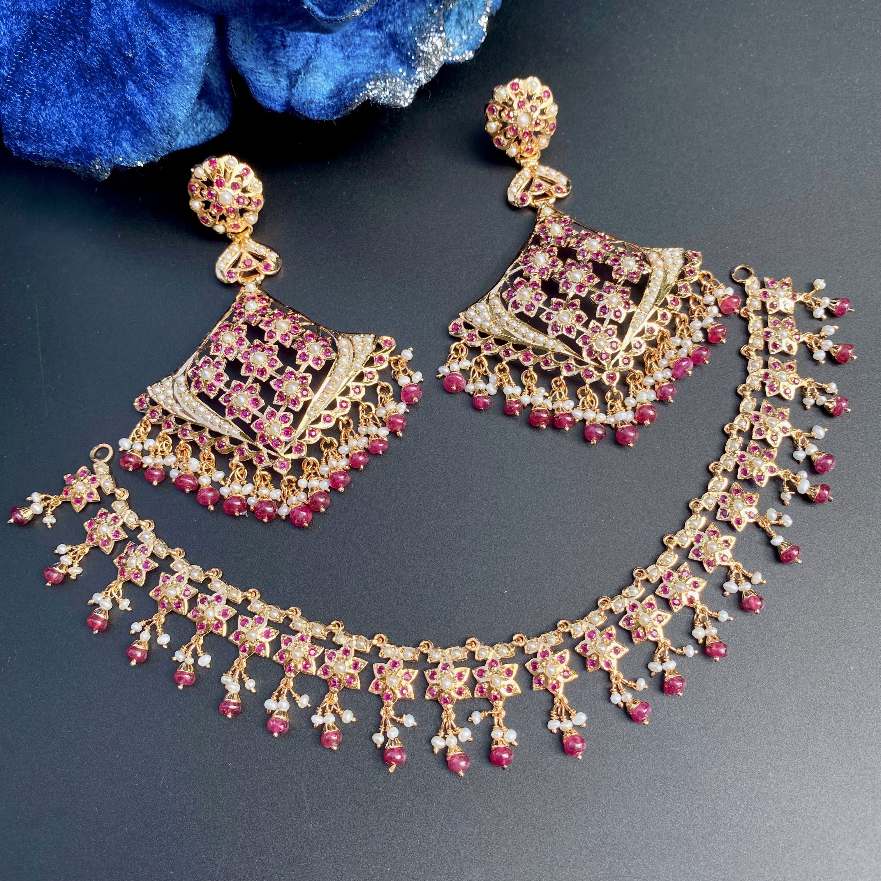 Dainty Necklace with Statement Earrings | Ruby Jadau Set on Silver NS 472