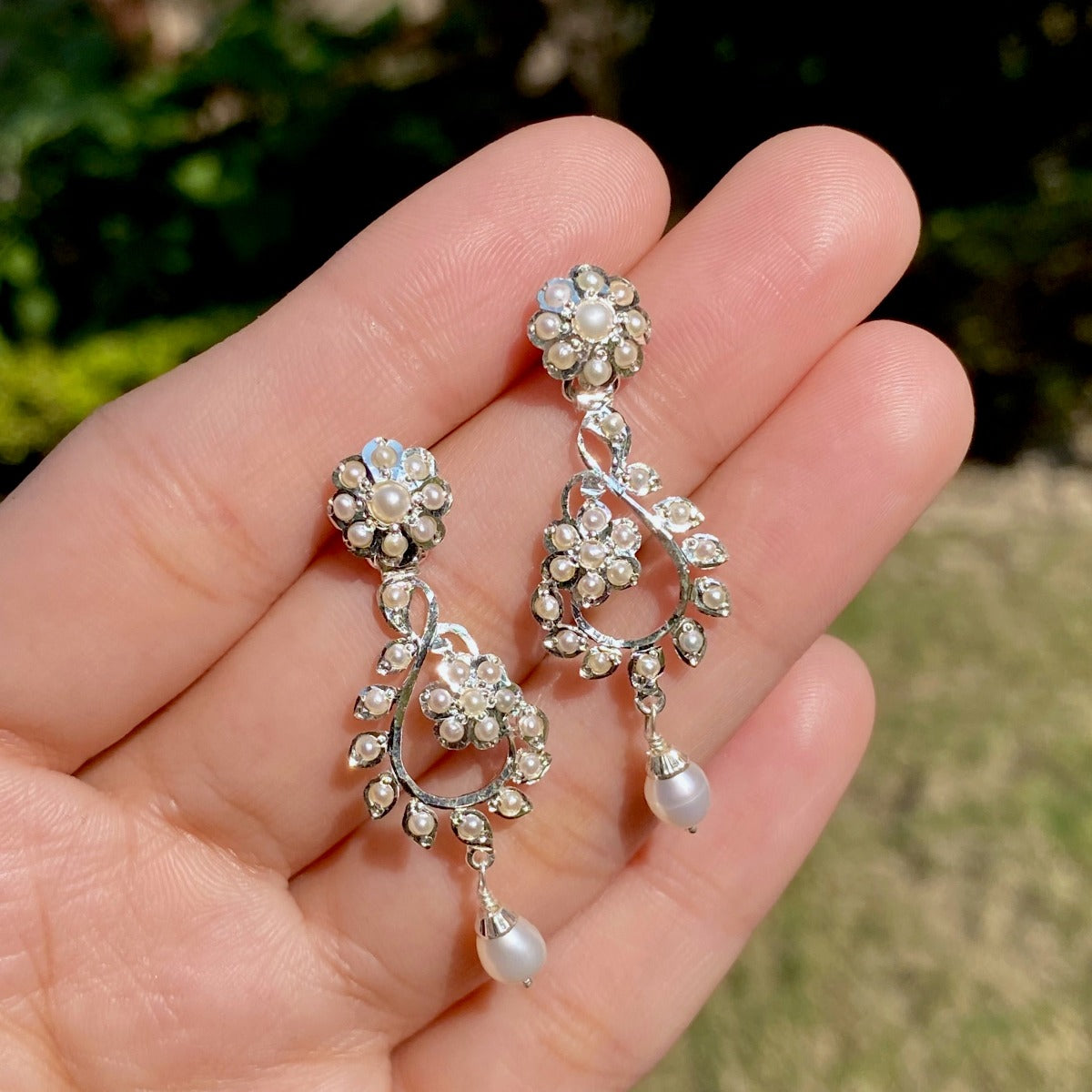 small bohemian pearl earrings on sterling silver