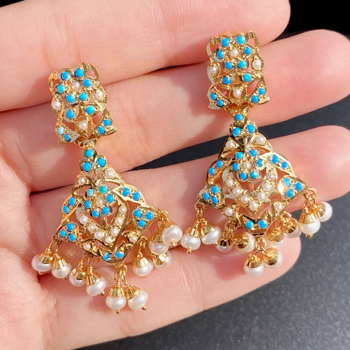 Delicate Pearl and Turquoise Earrings in Gold Plated Silver ER 422