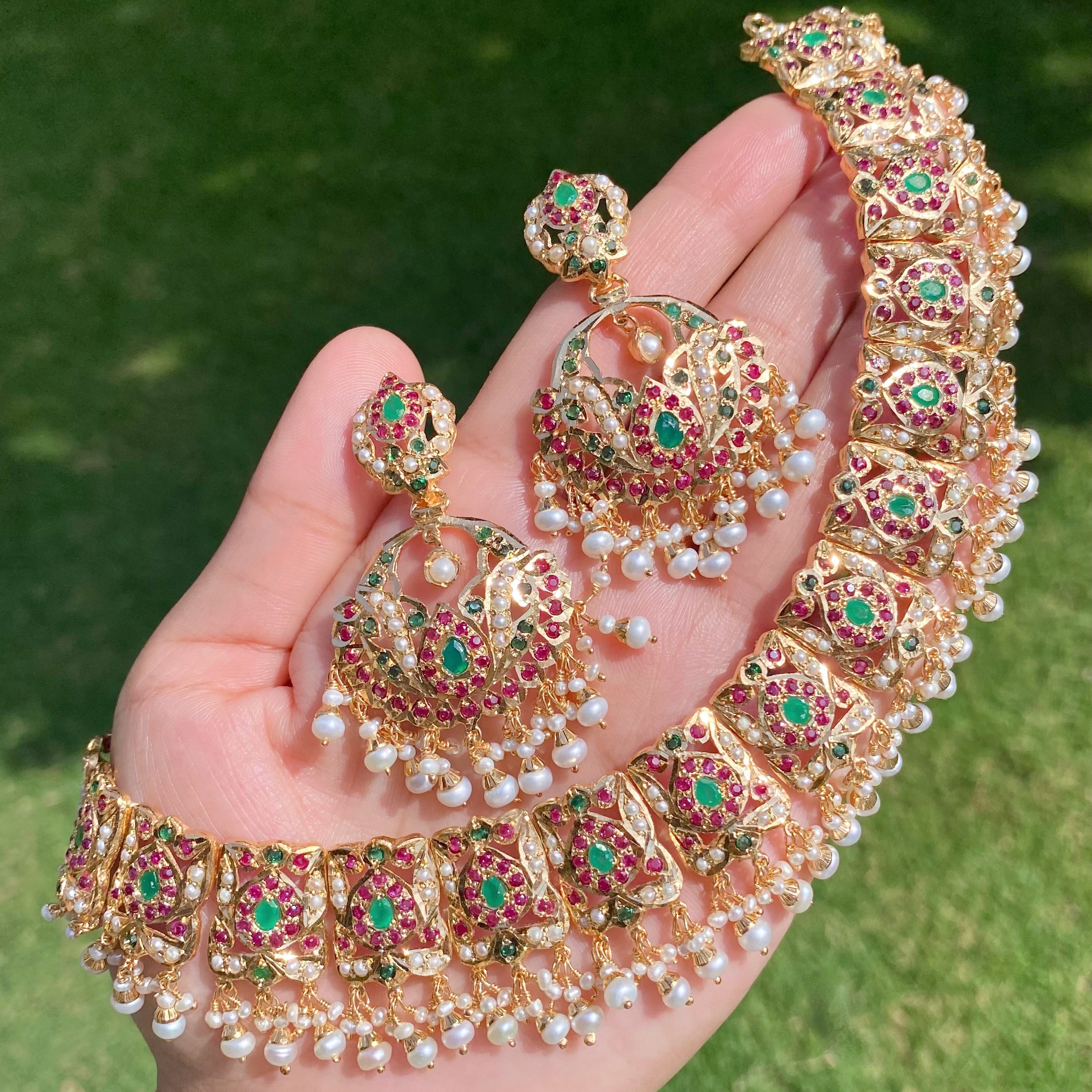 Multicolours Jadau Set | Gold Plated Silver Jewellery Online NS 474