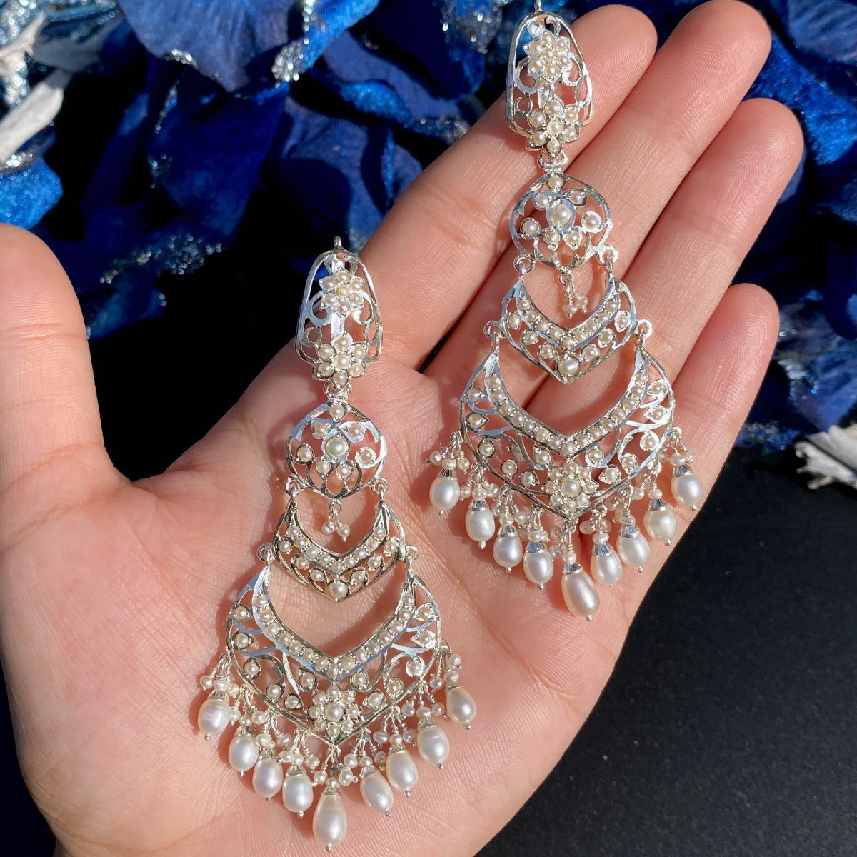 bohemian silver chandelier earrings with seed pearls and pearl drops