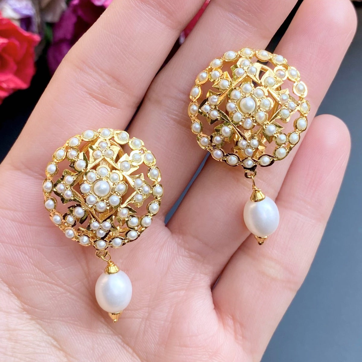 gold plated studs with pearls for women