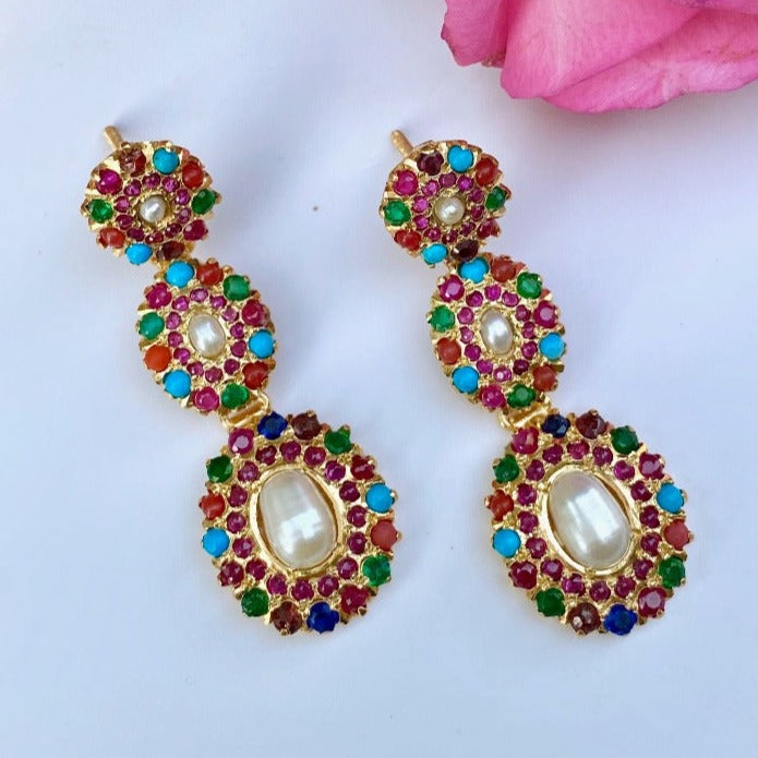 long navratna gold plated earrings for girls