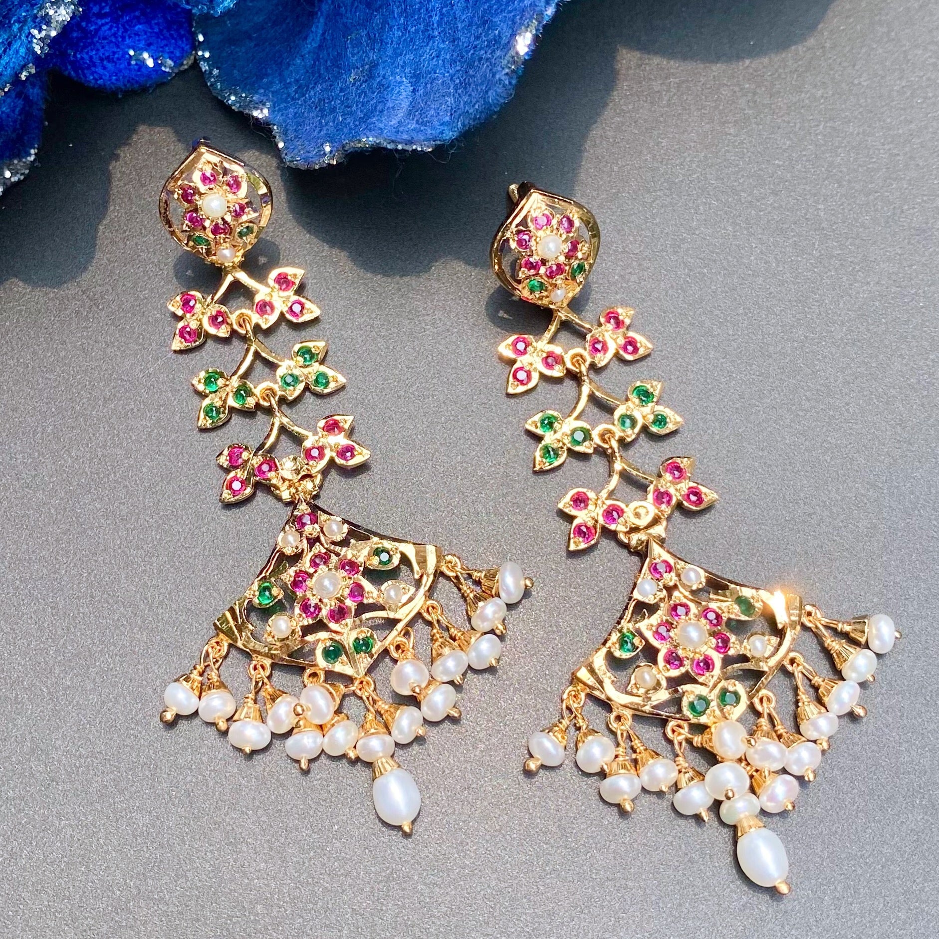 Long Ruby Emerald Danglers For Women | Gold Plated on Silver ER 615