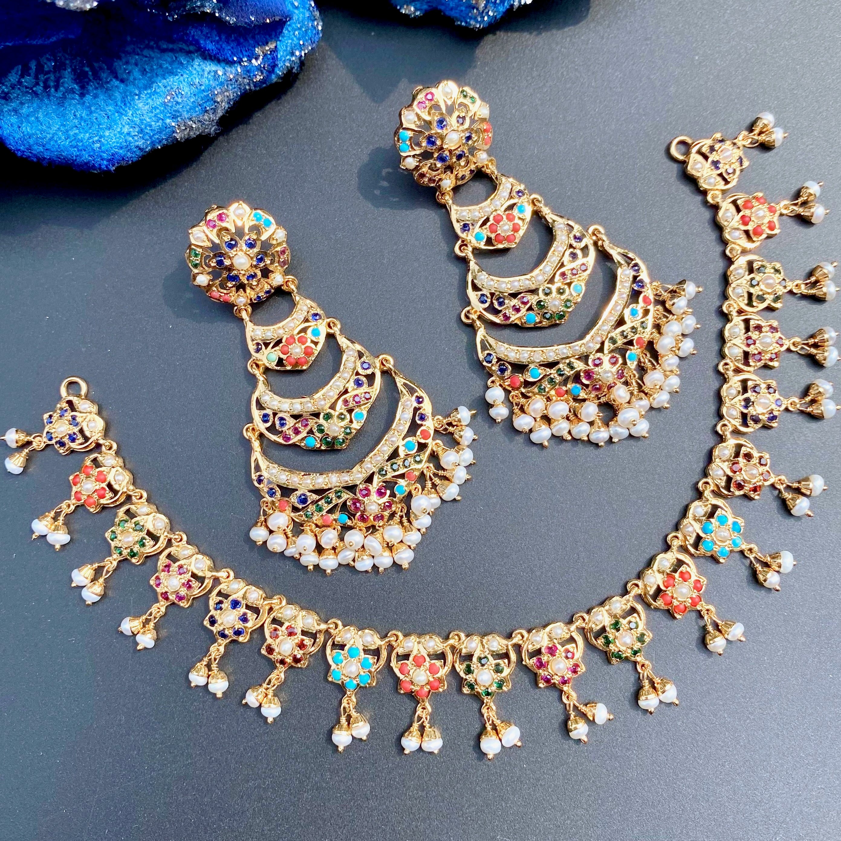 Gold Plated Navratna Set | Floral Necklace & Long Danglers | 925 Silver NS 468