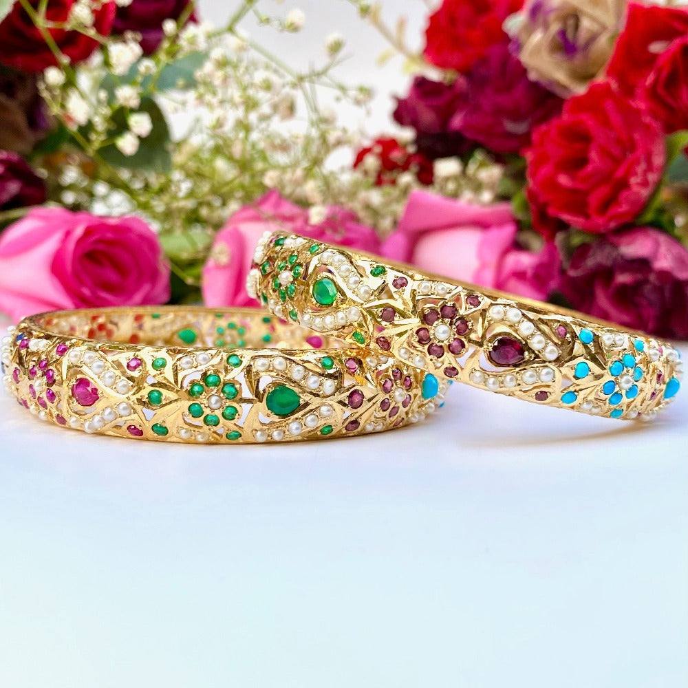 Navrattan Jadau Bangles in Gold Plated Silver BG 053