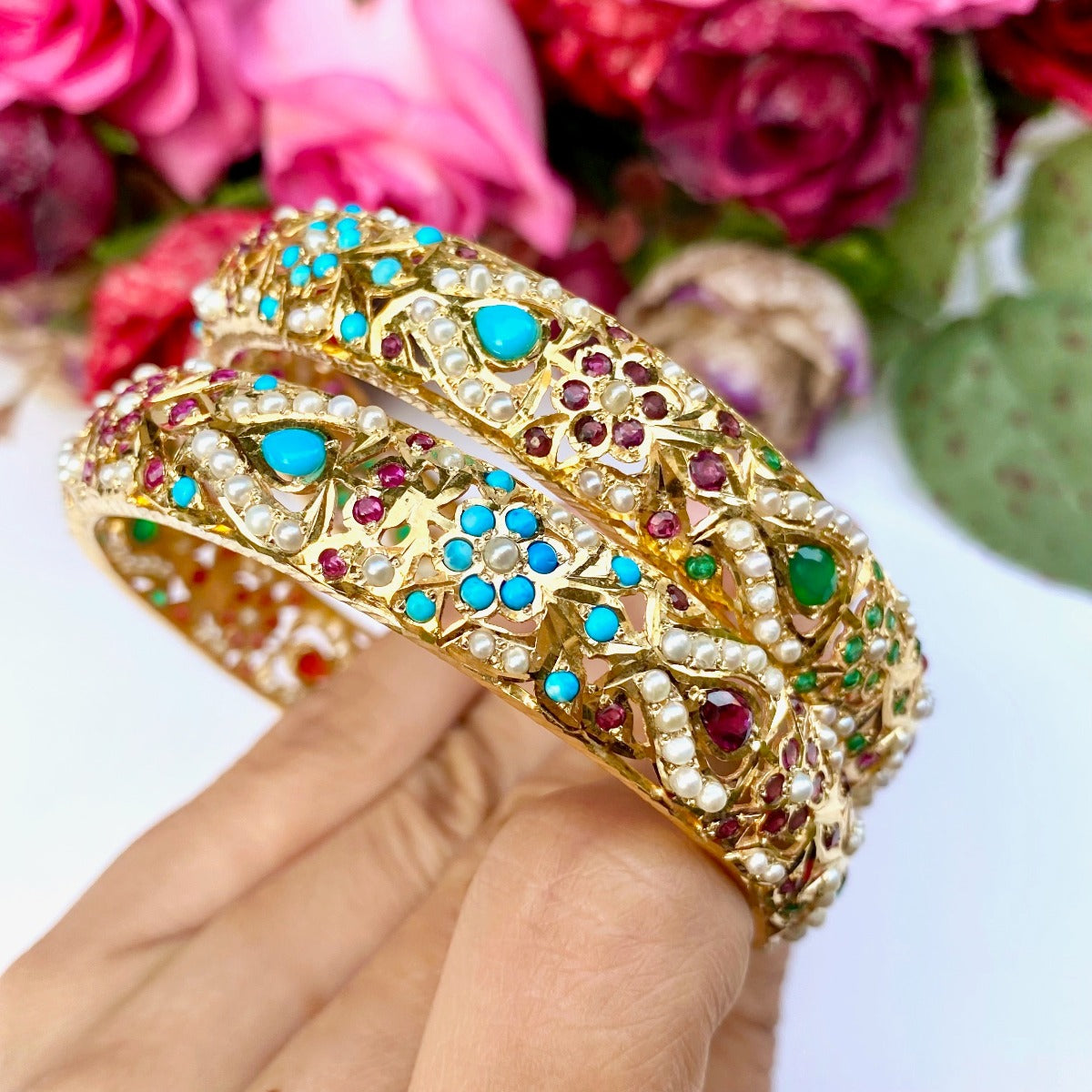 Indian Nauratan Bangles For Women | Silver Base With 22K Gold Plating BG 053