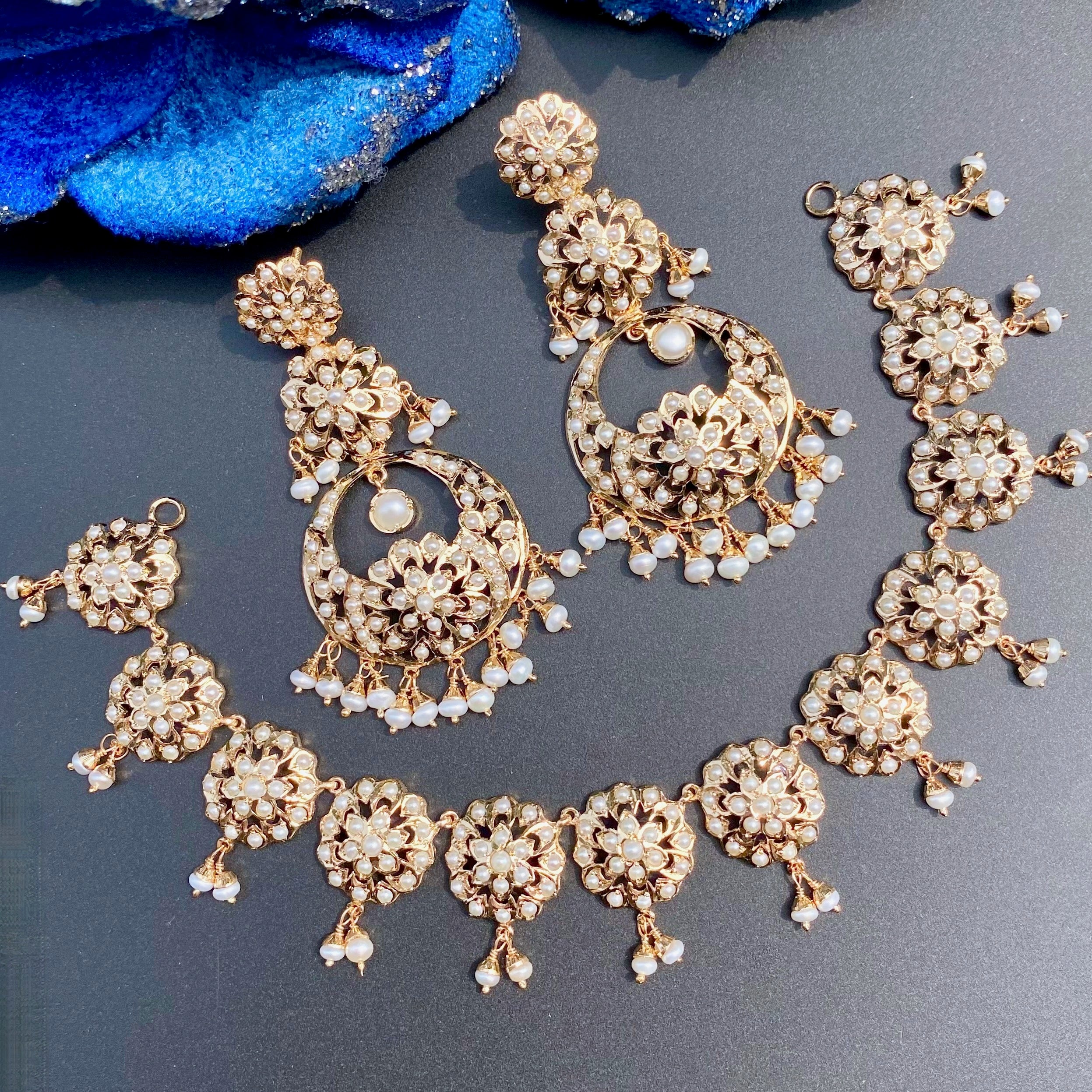 Gold Plated Navratna Set | Floral Necklace & Long Danglers | 925 Silver NS 468