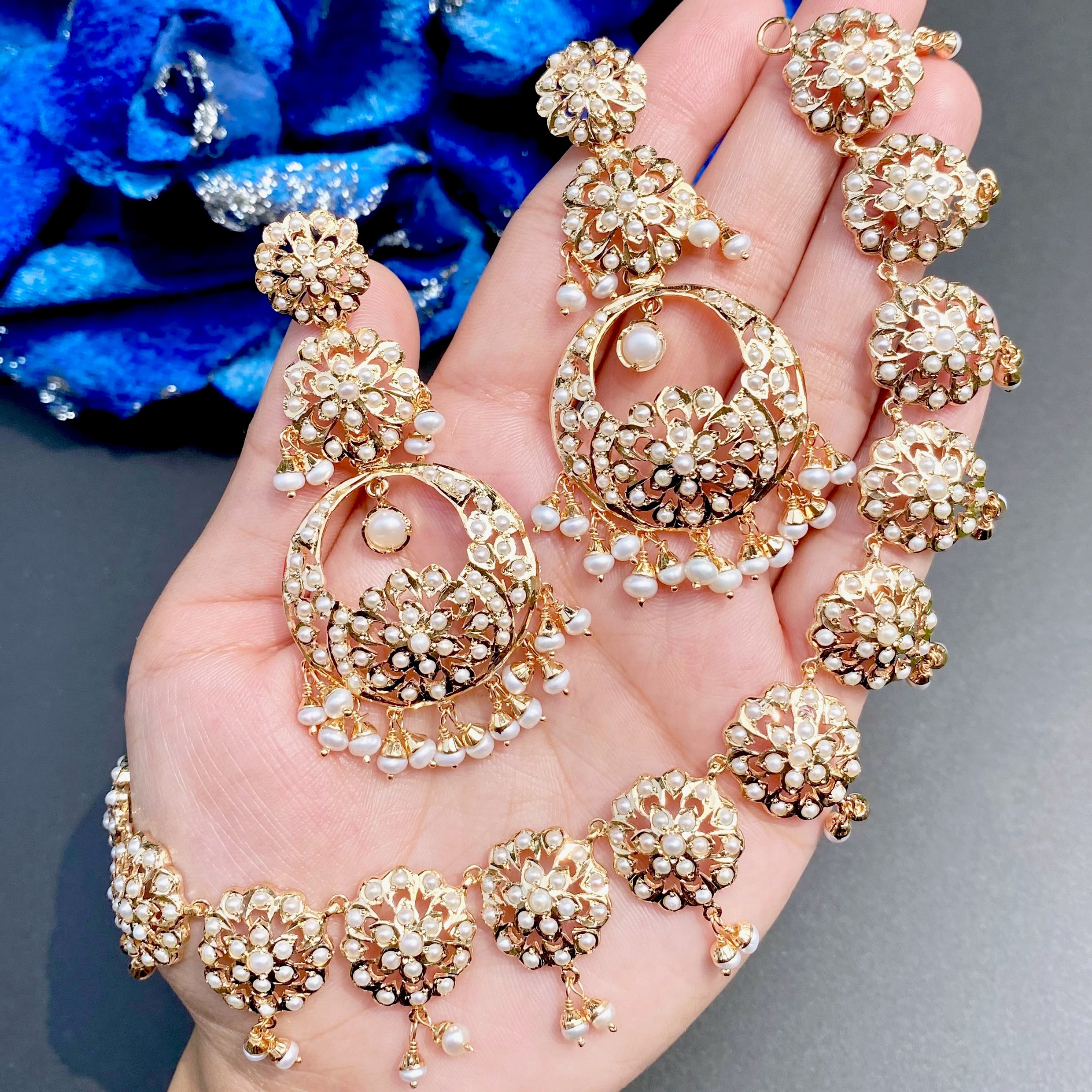 Pearl Necklace with Long Chandbali Earrings | Gold Plated Pearl Jewelry NS 467