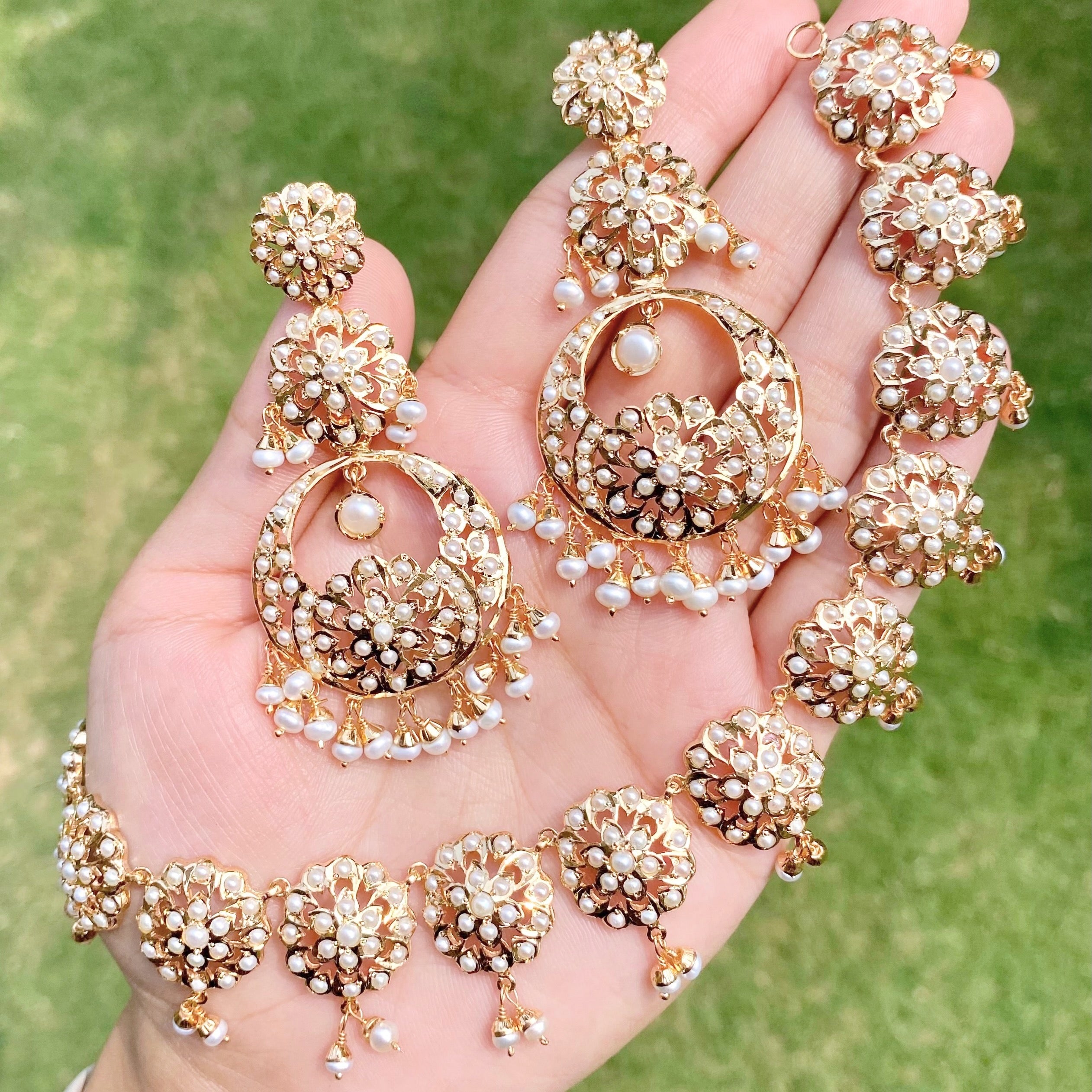 Pearl Necklace with Long Chandbali Earrings | Gold Plated Pearl Jewelry NS 467