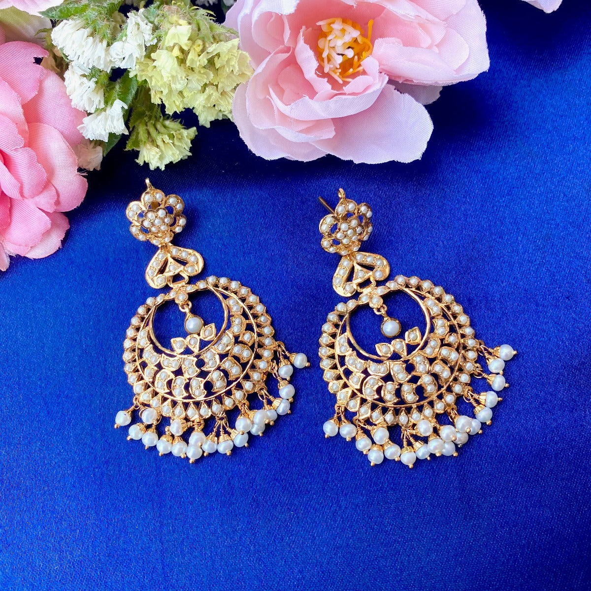 Jadau Chandbali Earrings | Fine Pearl Jewellery | Gold Plated Silver ER 089