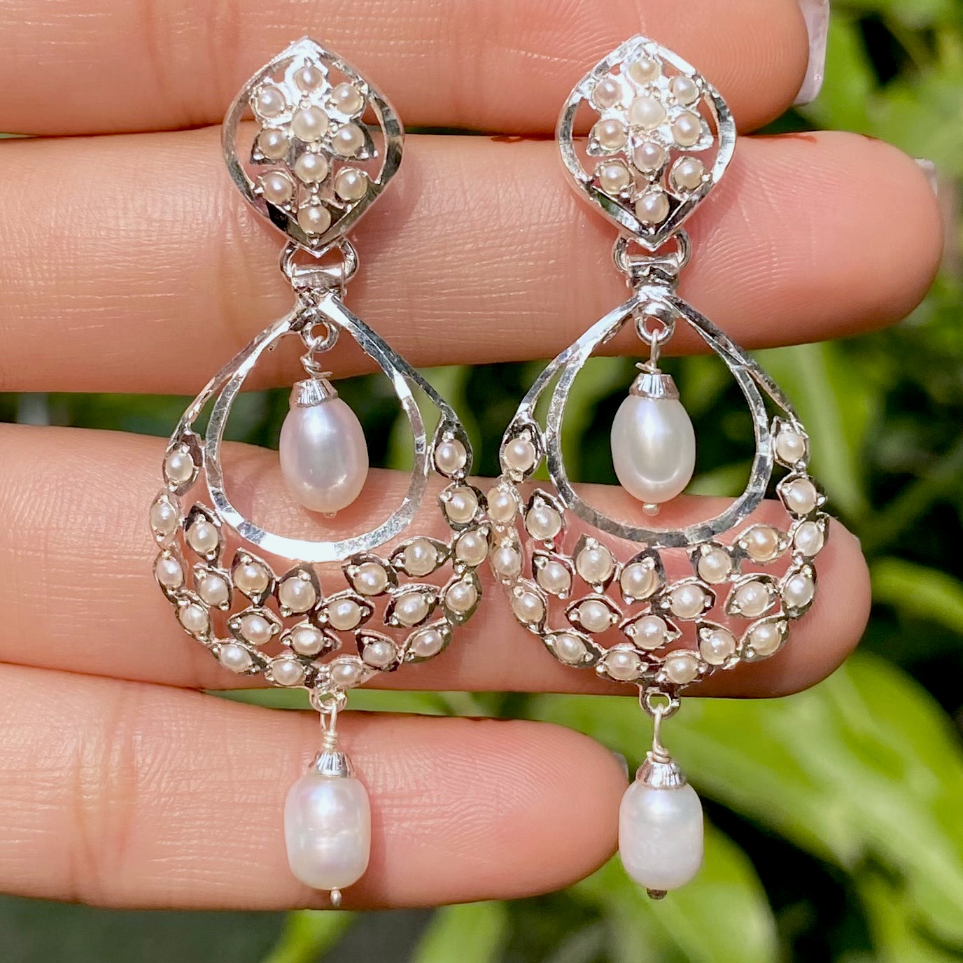 dainty silver earrings with pearl drops