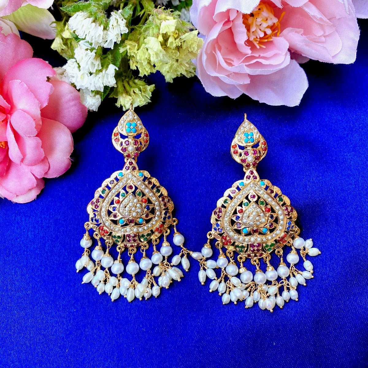 Navratan Stones Studded Jadau Earrings in Gold Plated Silver  ER 177