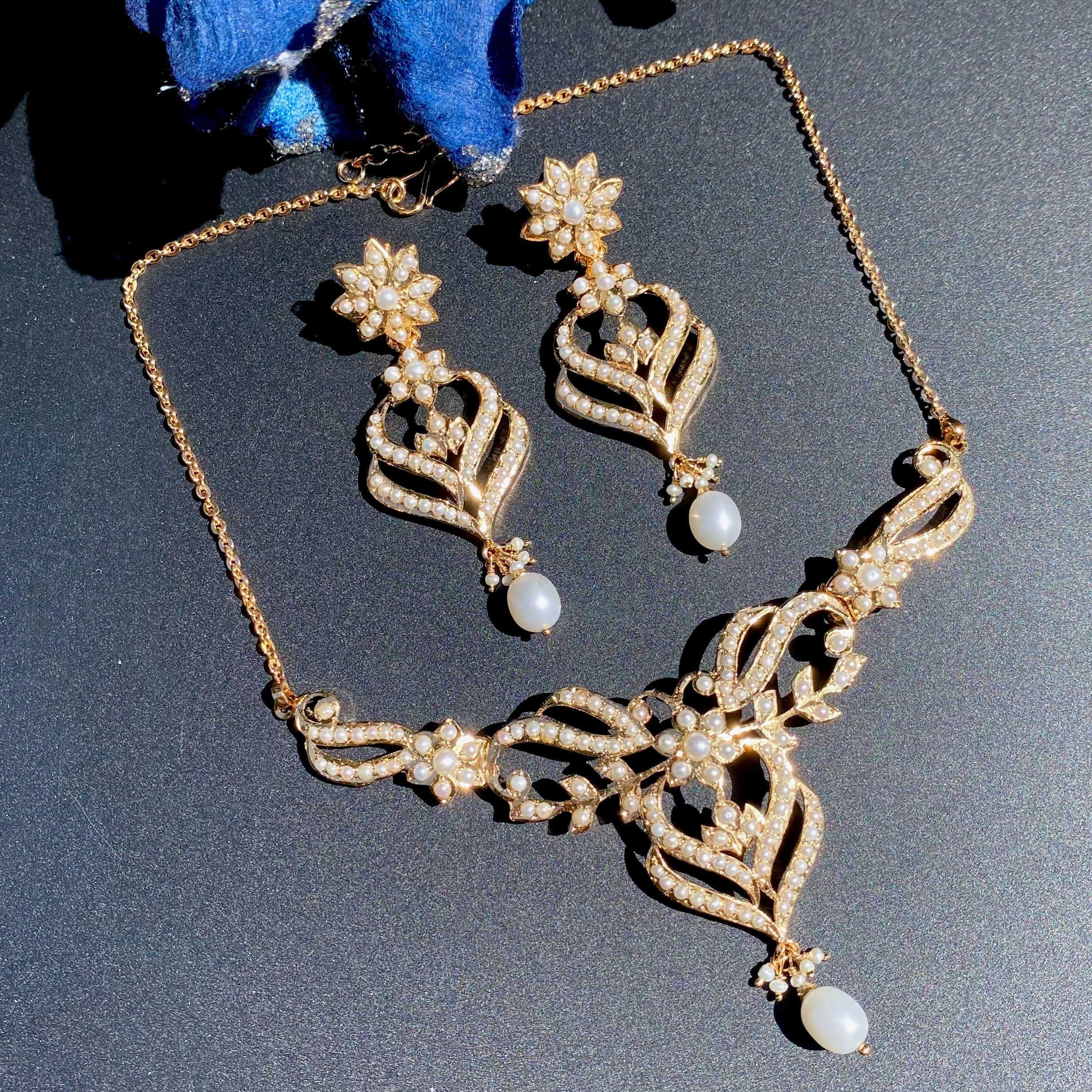 Silver and Pearl Jewelry Set | Gold Plated | Antique Design NS 417