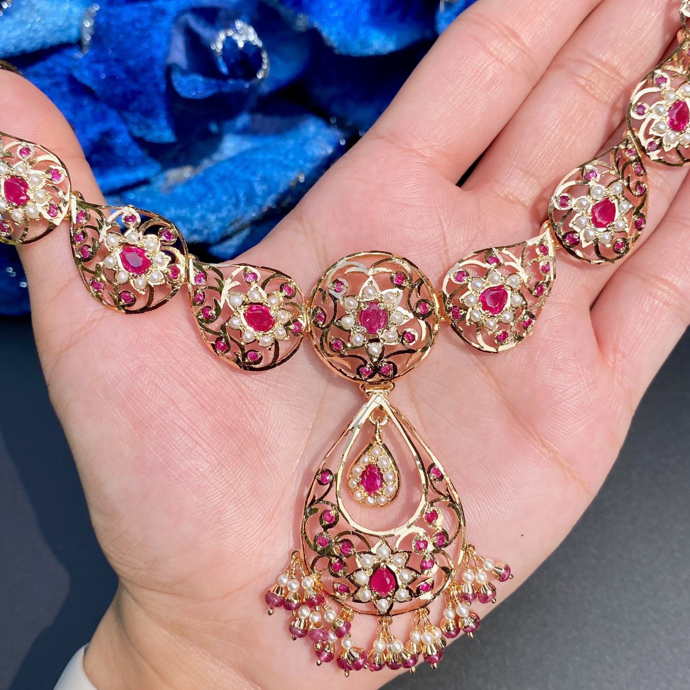 Antique Ruby Red Necklace Set | Gold Plated Silver Jewelry | Real Gold Like Finish NS 114