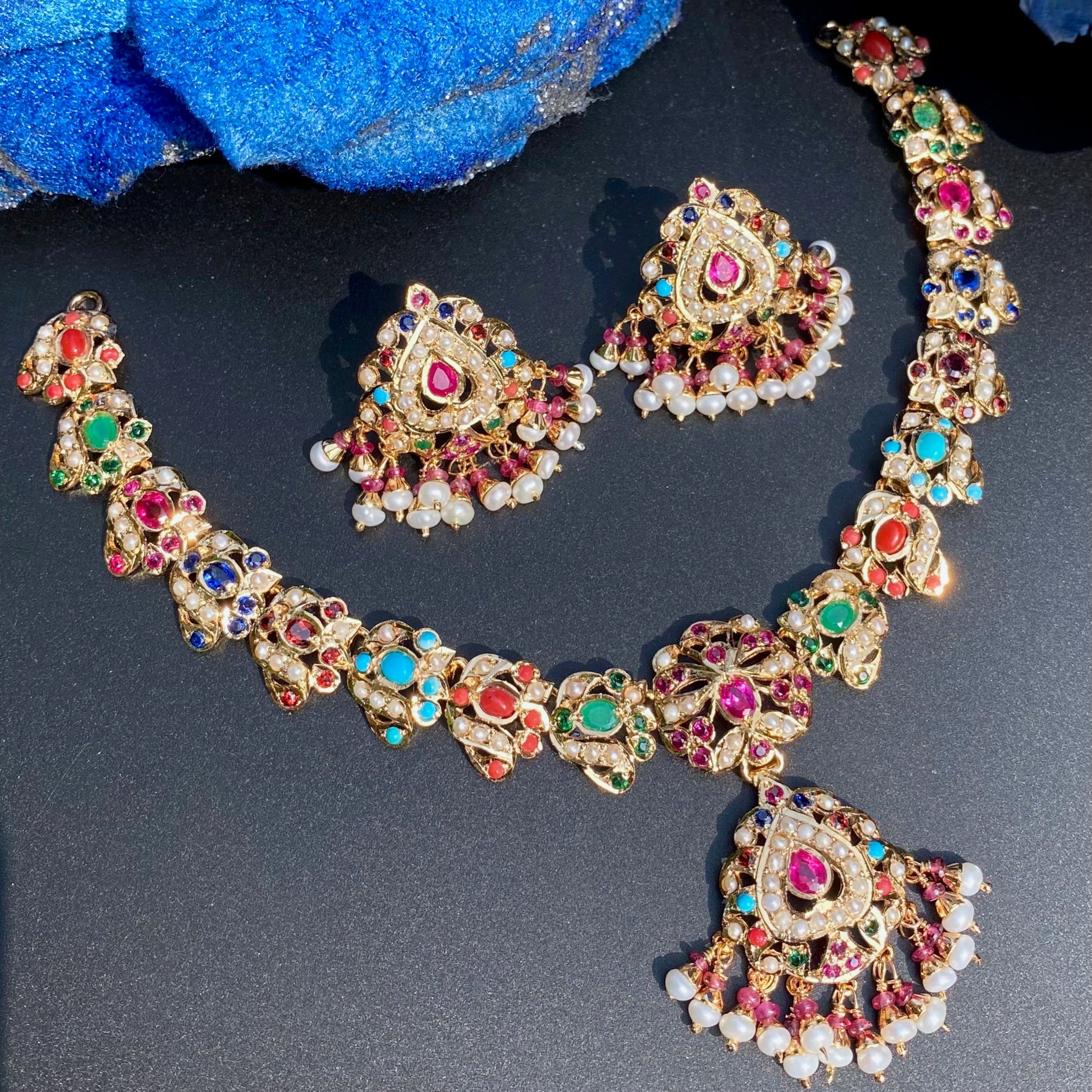 Navratan Necklace Set | Gold Plated 925 Silver | Ethnic Indian Jewelry Set NS 120