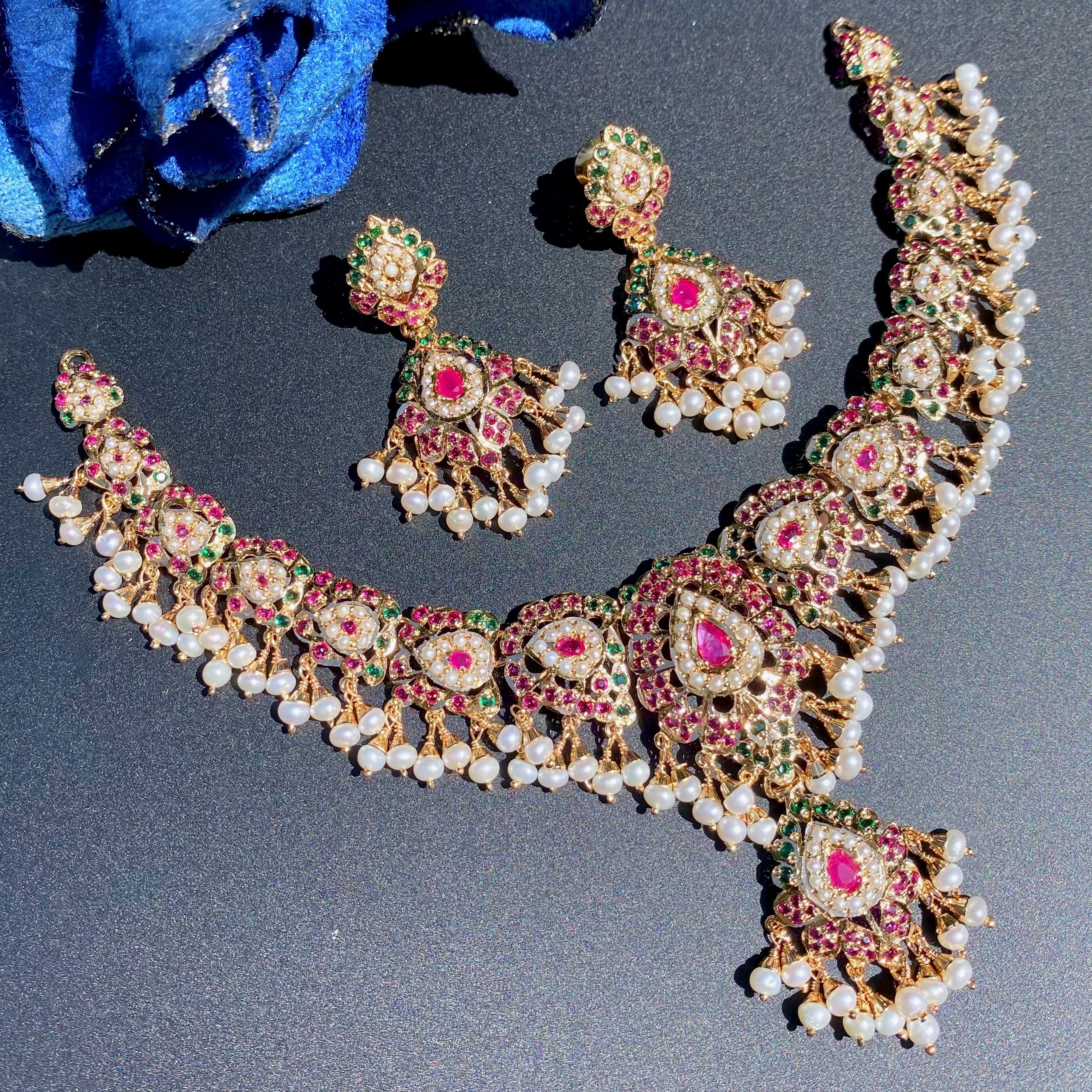 Ethnic Jadau Necklace Set | Gold Plated on Silver | Ruby Emerald Pearl Combination NS 421