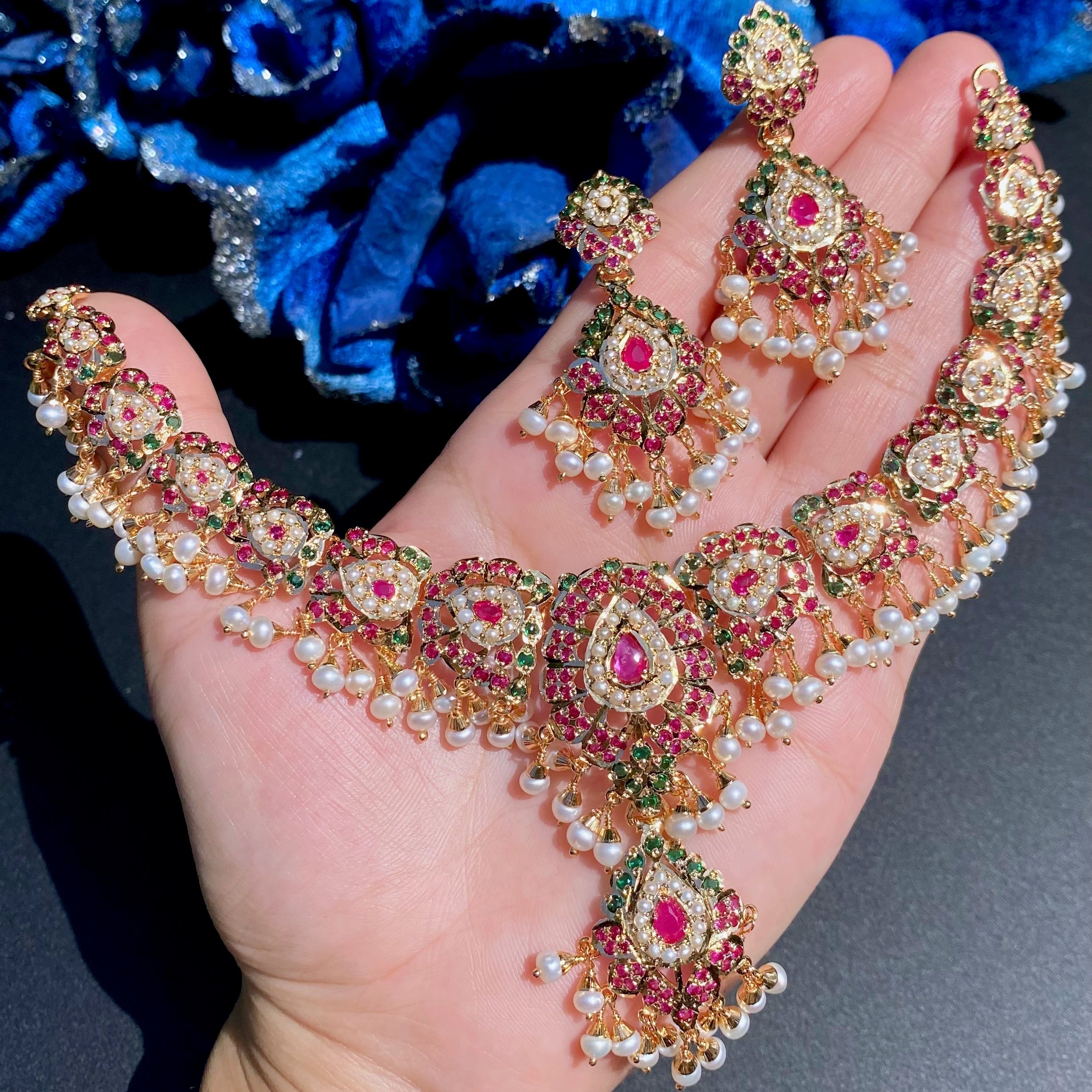 Ethnic Jadau Necklace Set | Gold Plated on Silver | Ruby Emerald Pearl Combination NS 421