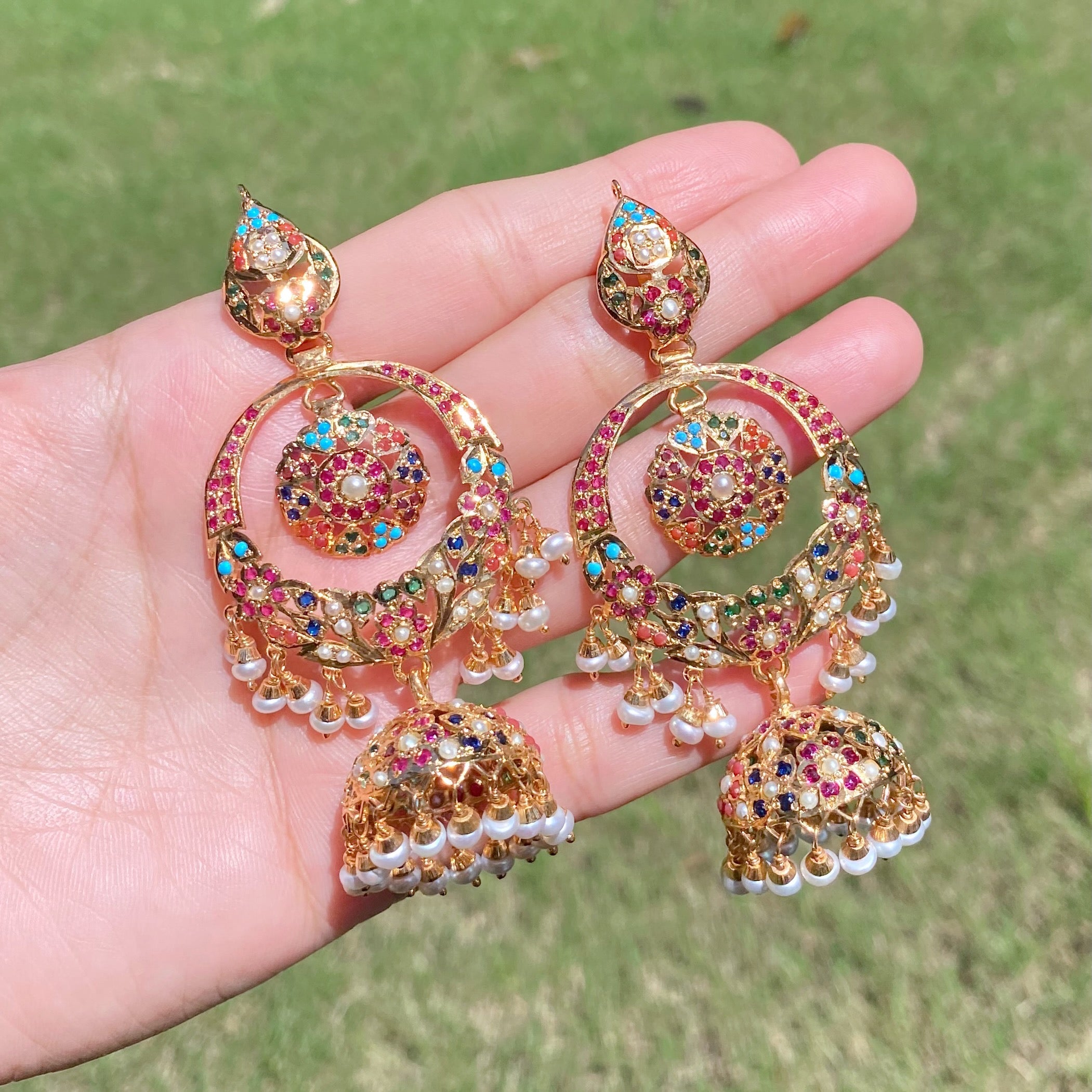 Navratna Jadau Chandbali With Jhumka | Gold Plated on Silver | ER 600