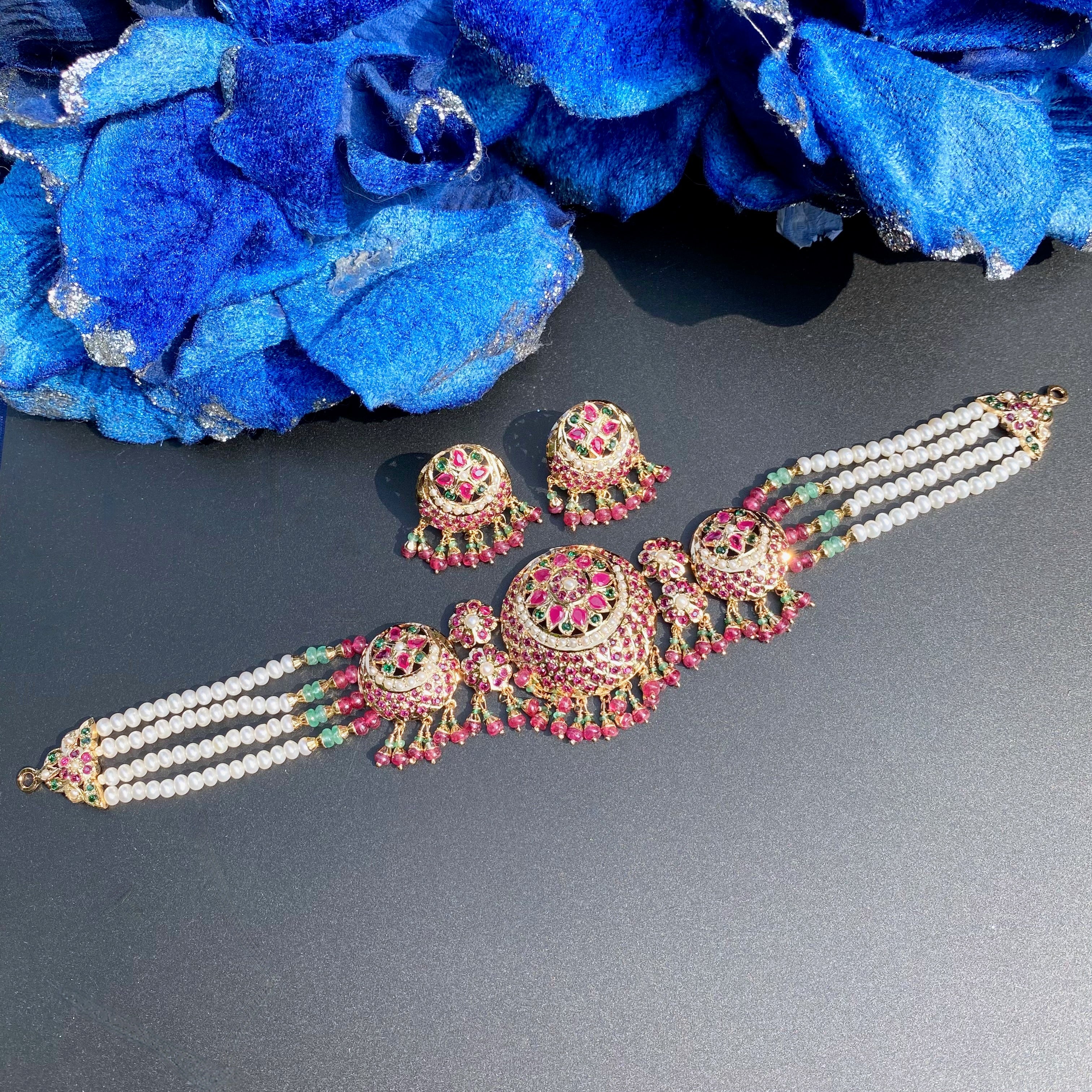 Multicoloured Jadau Choker Set | Ruby Emerald Pearl Set NS 476