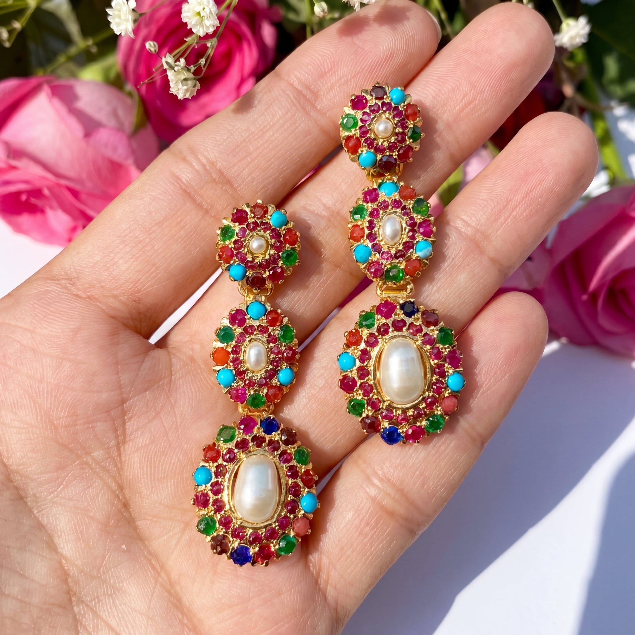 Navaratna Jadau Earrings on Silver | Karachi Style Stone Setting ER 151