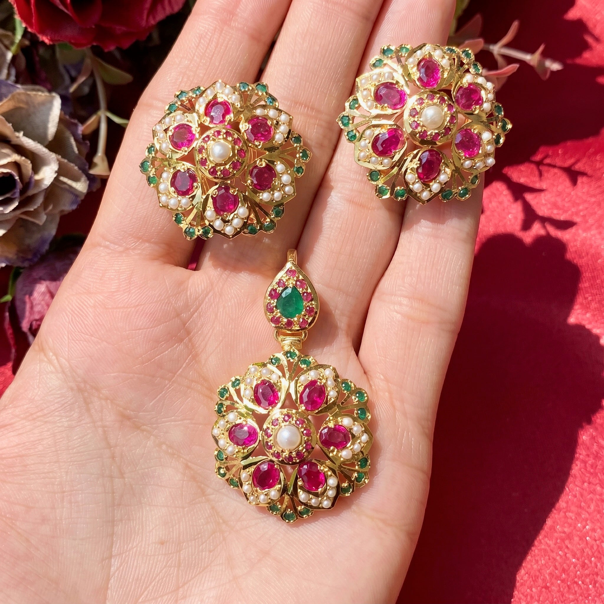 gold plated ruby pendant set