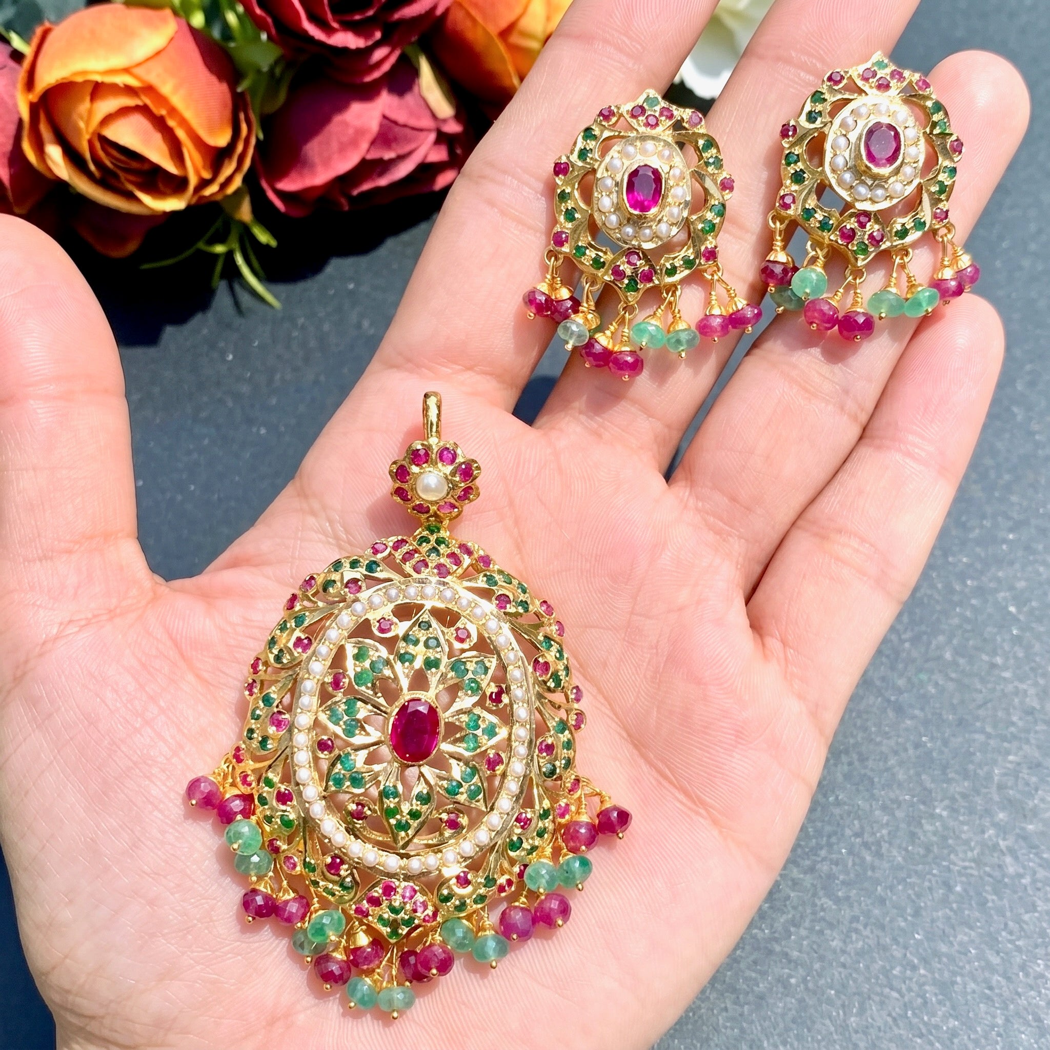 amritsari jadau pendant set with ruby emerald