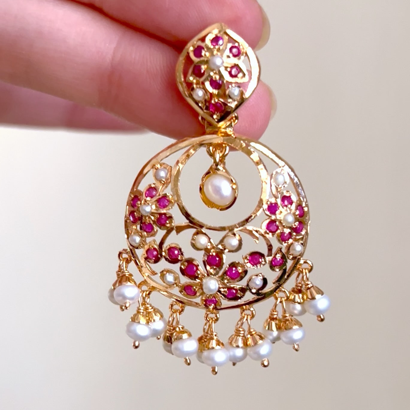 Delicate Ruby Pearl Chandbali Earrings | ER 646