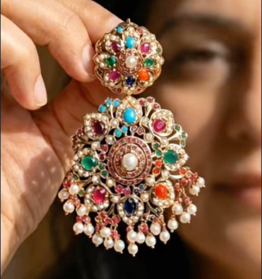 Classic Indian Navaratna Earrings | Long Jadau Danglers | Gold Plated Fashion Jewelry on Silver ER 445