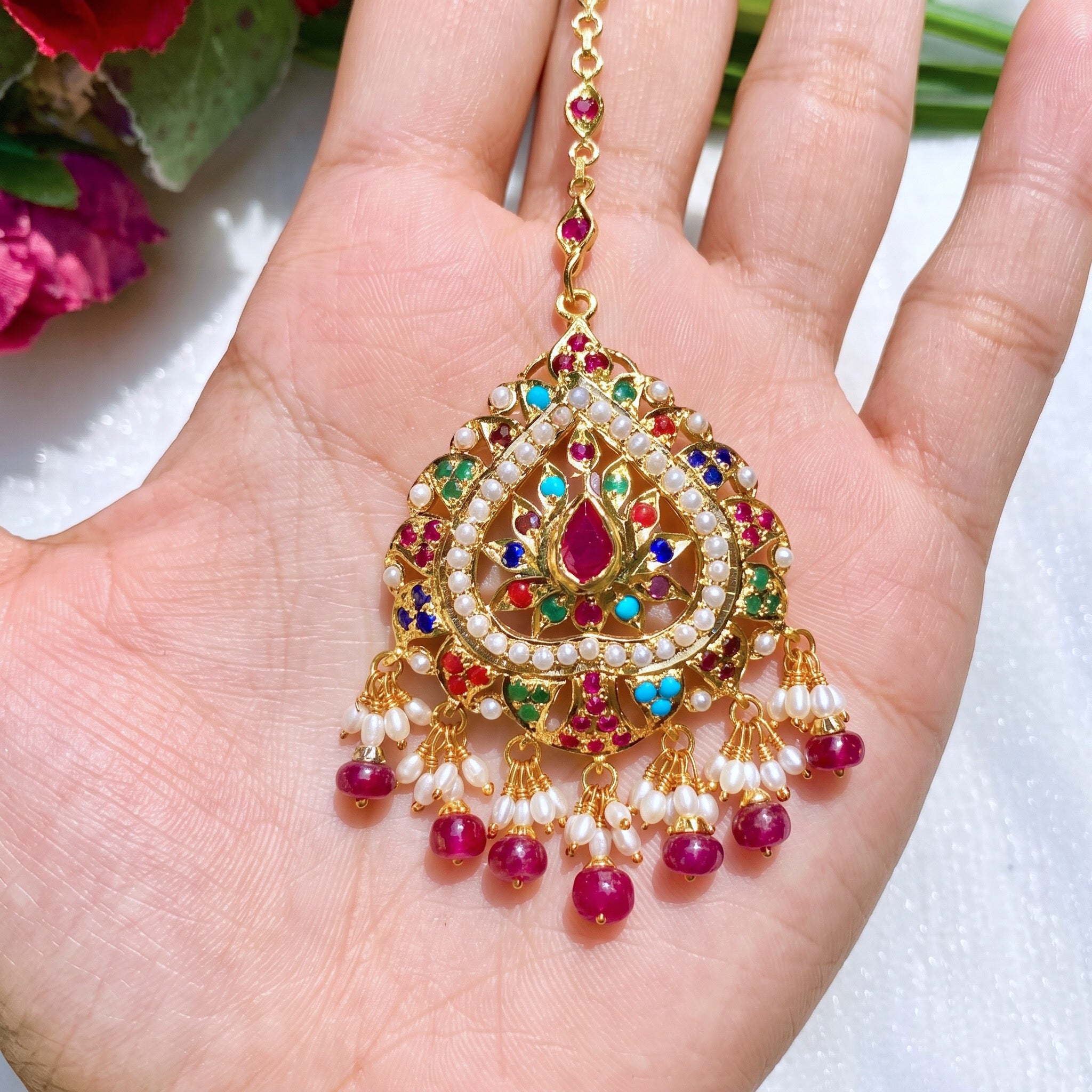 Navaratna mang tikka in silver with gold plating
