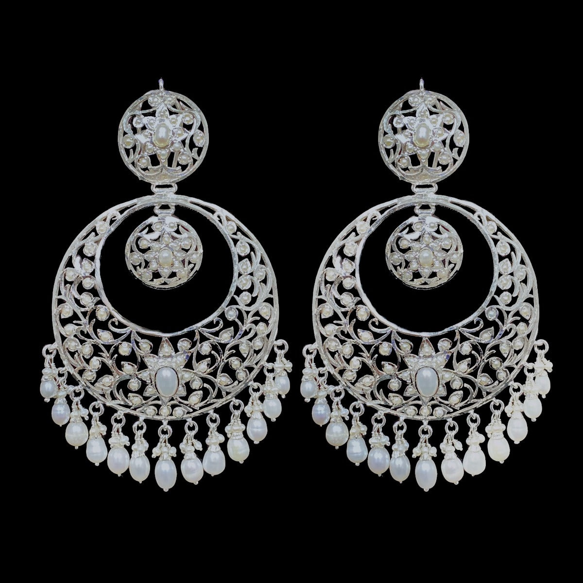 statement pearl chandbali earrings on sterling silver