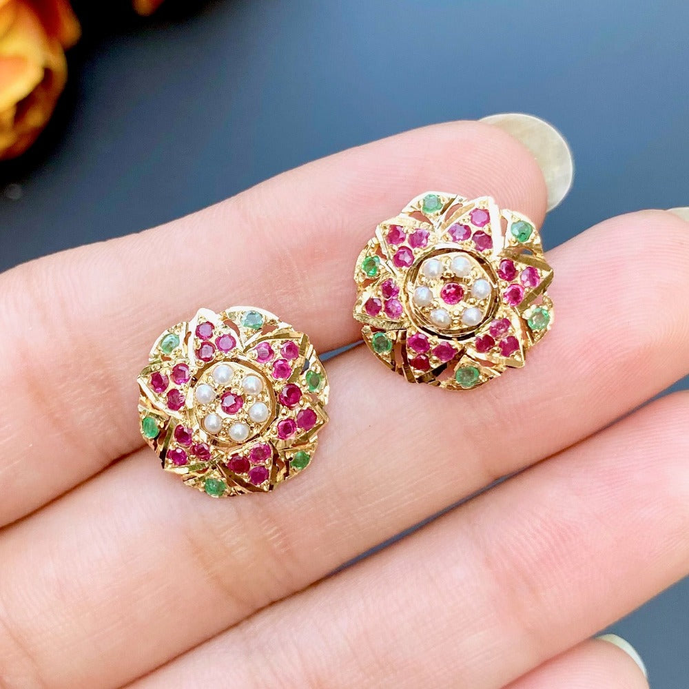 amritsari ruby emerald jadau studs 22k gold