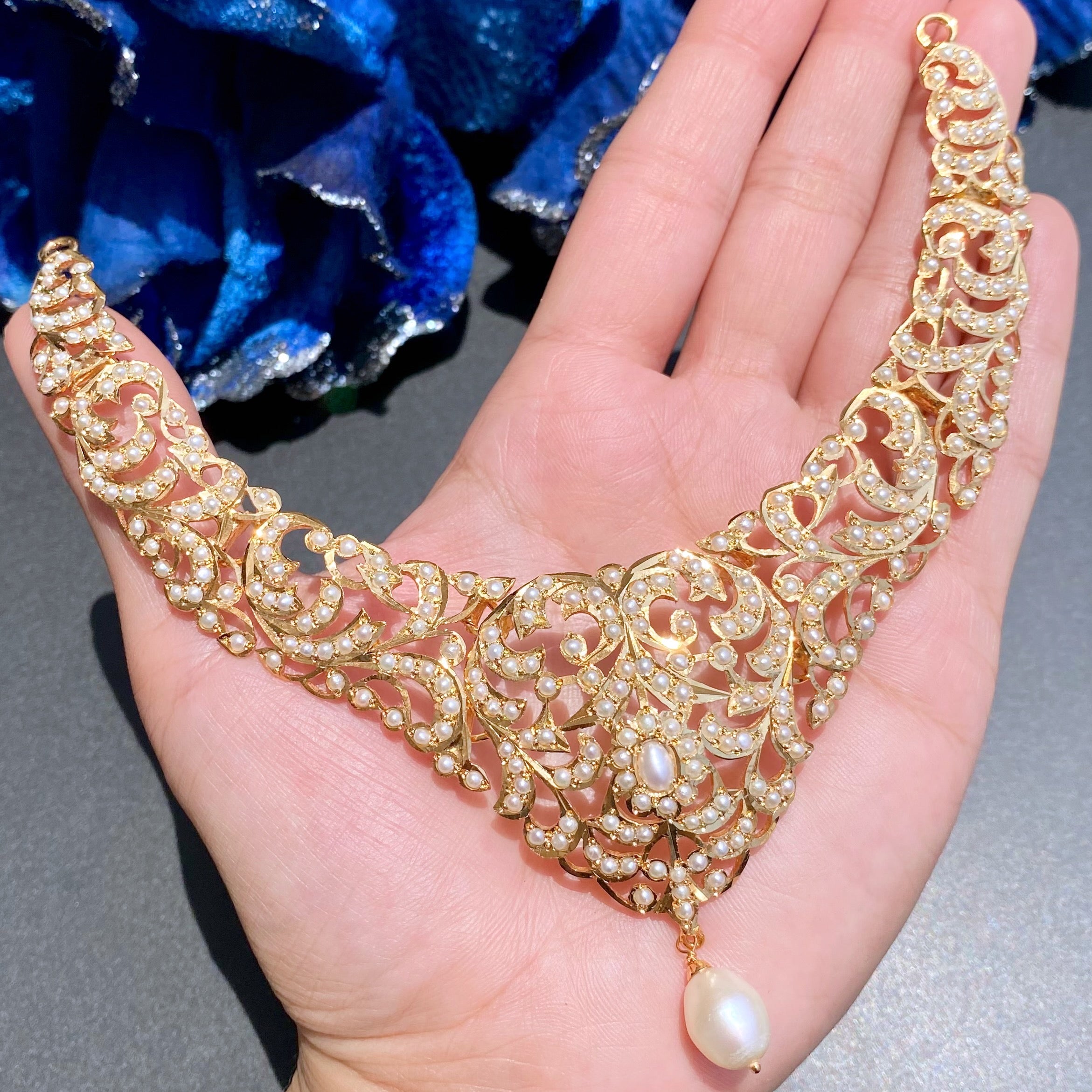 Indian Pearl Necklace Set | Antique Edwardian Style Design | Gold Plated on Silver