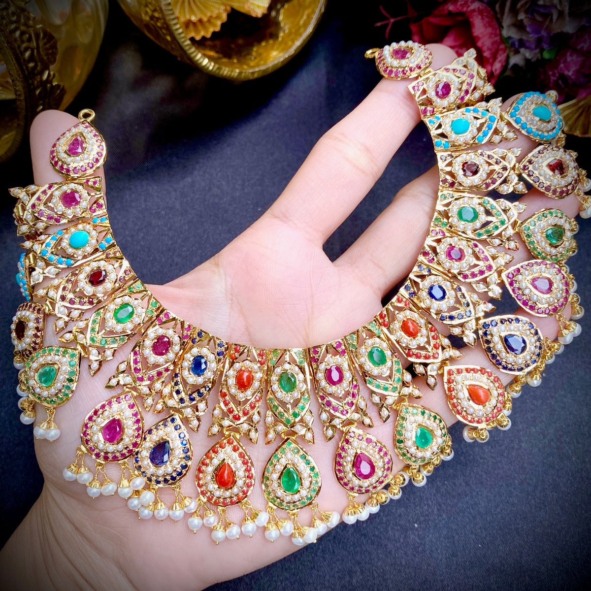 indian gold necklace with navratna color stones