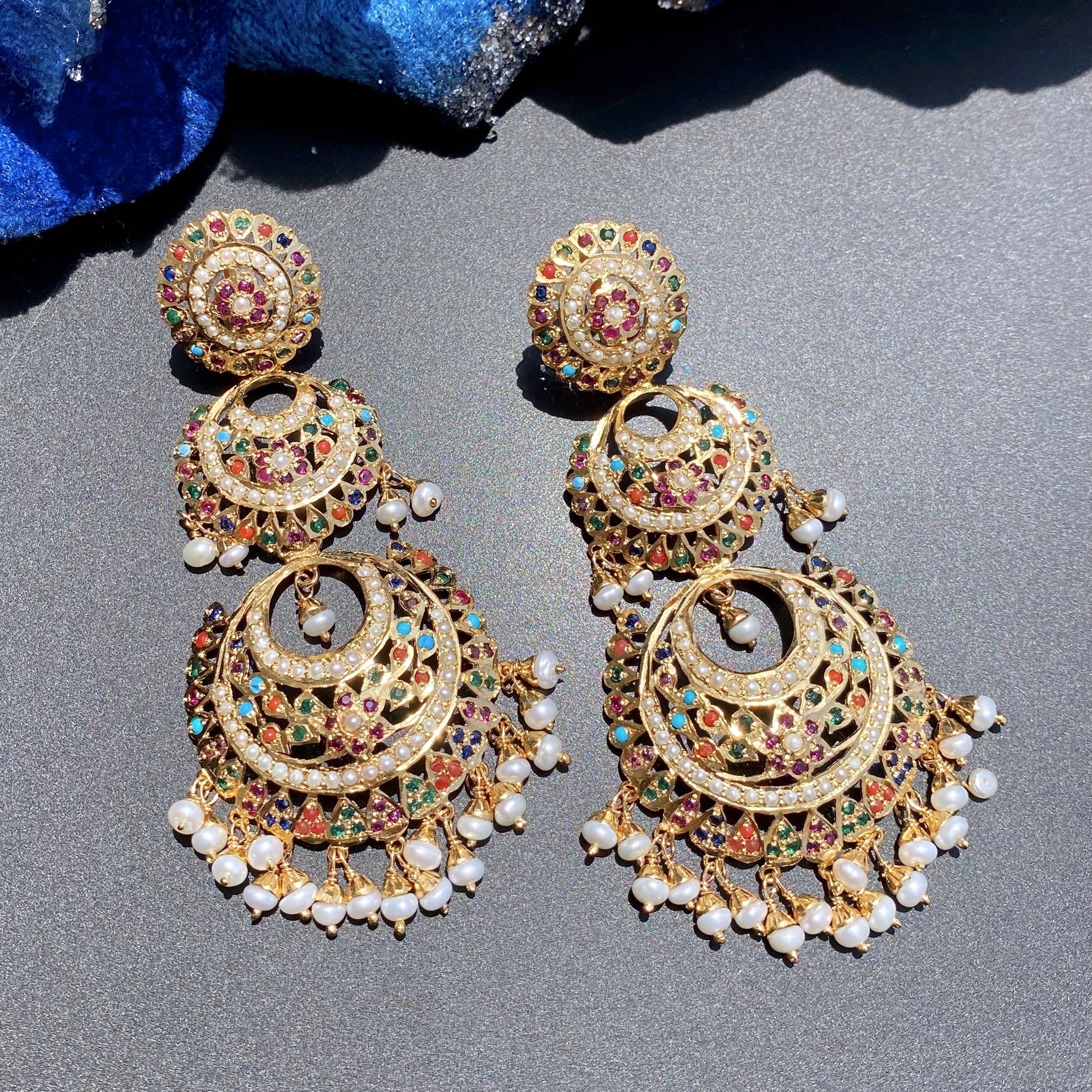 Navratna Double Chandbali Earrings | Indian Sterling Silver Jewelry in USA ER 566