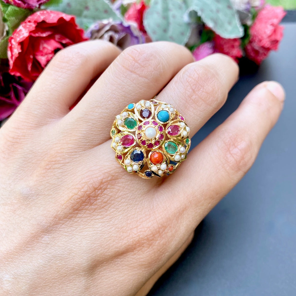 malabar navratna ring in gold under 10 grams