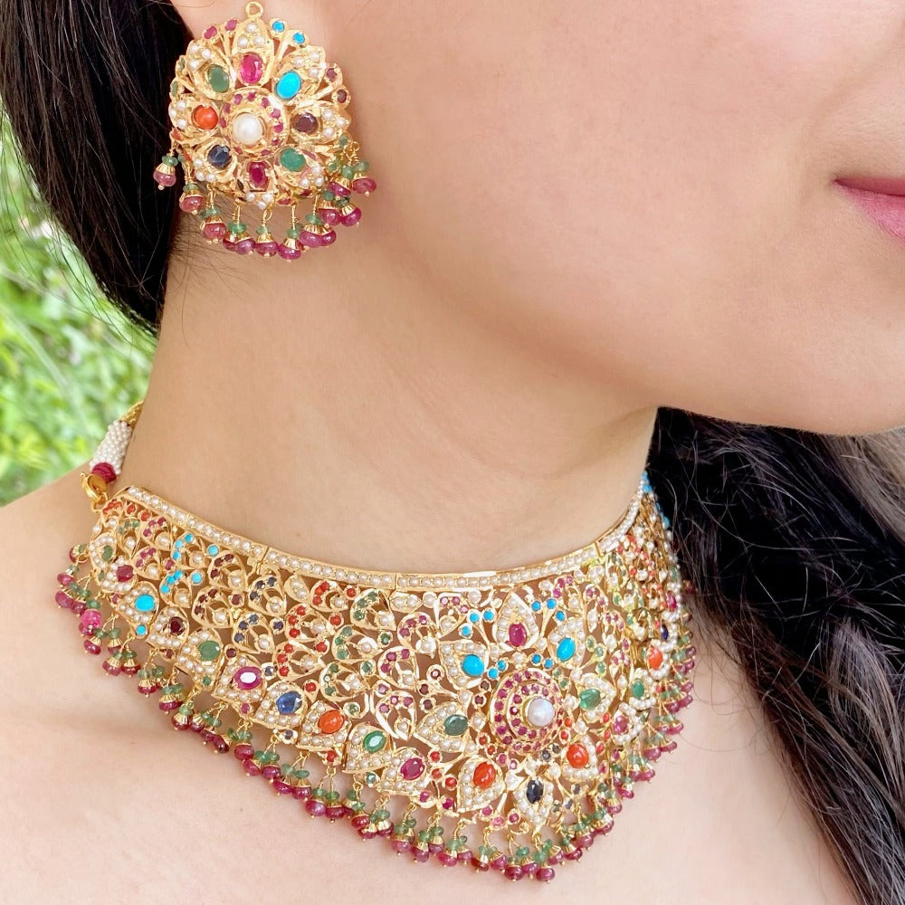 bridal wear navratna choker set to wear with lehenga for wedding functions