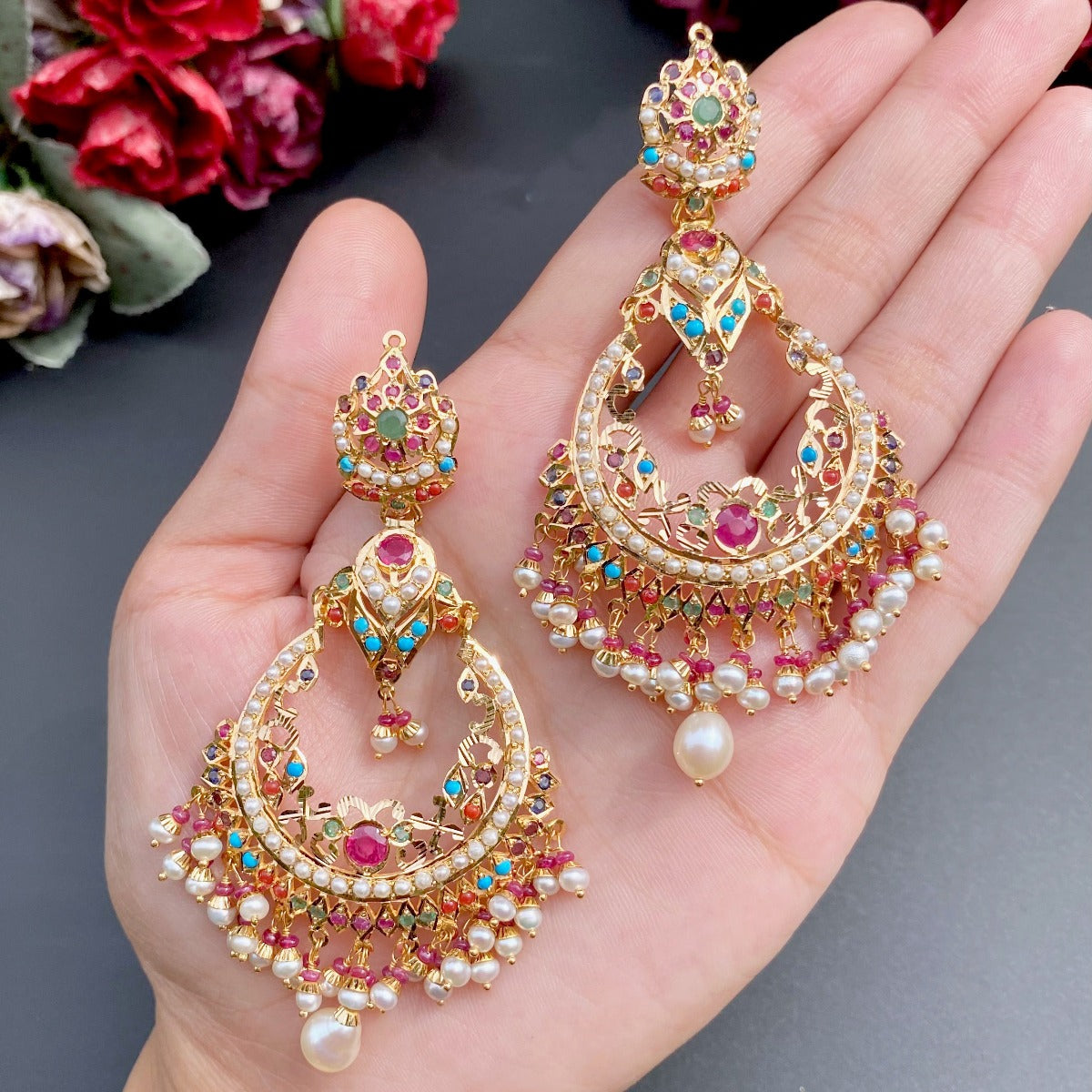 navratna chandbali earrings on 22k gold for women online